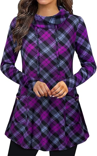 Bulotus Fall Sweaters for Women 2025 Cowl Neck Asymmetrical Long Tunics for Leggings Vacation Travel Tops with Pockets