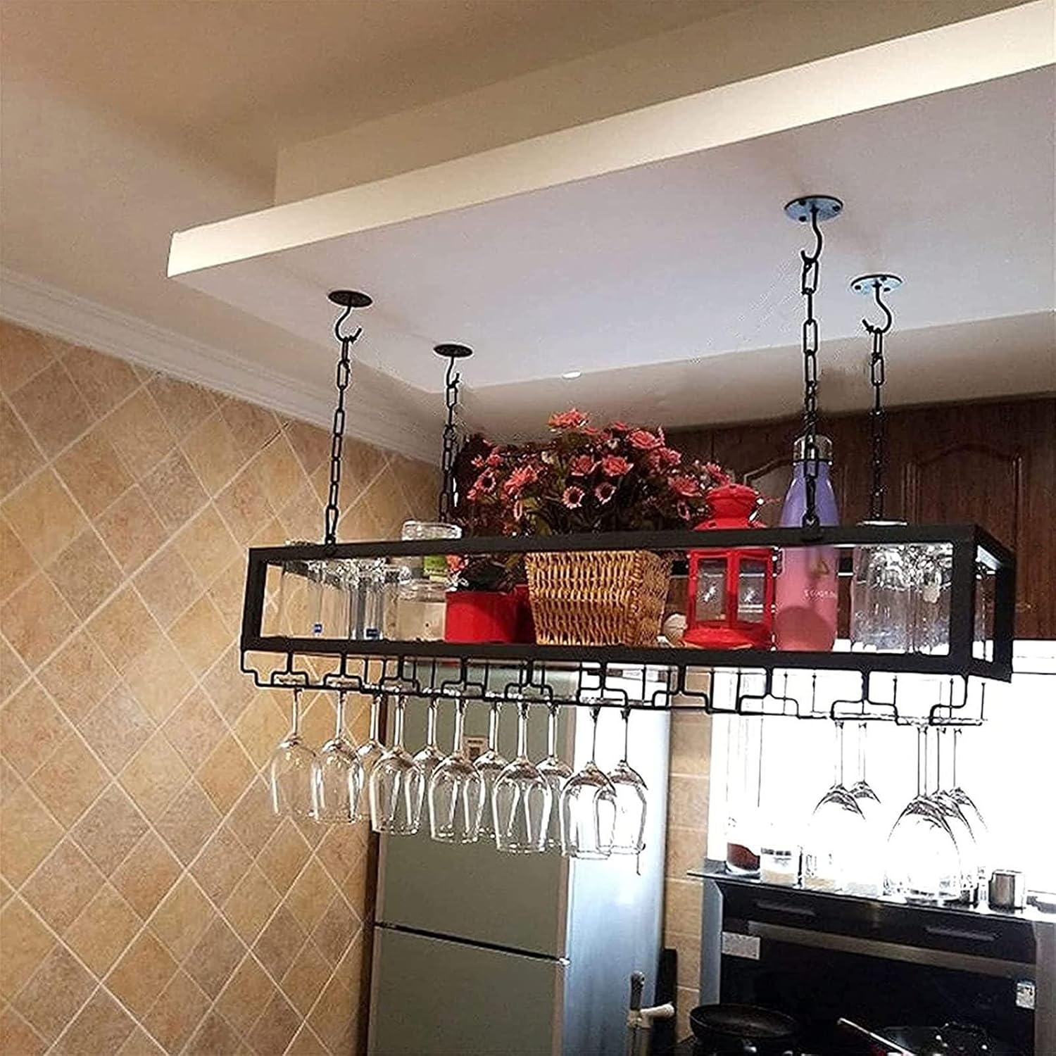 Hanging Wine Glass Holder - Ceiling Wine Rack Display Stand, Ceiling Floating Shelf, Hanging Display Stand/plant Stand, Wall-Mounted Home & Kitchen Wine Rack(120cm)