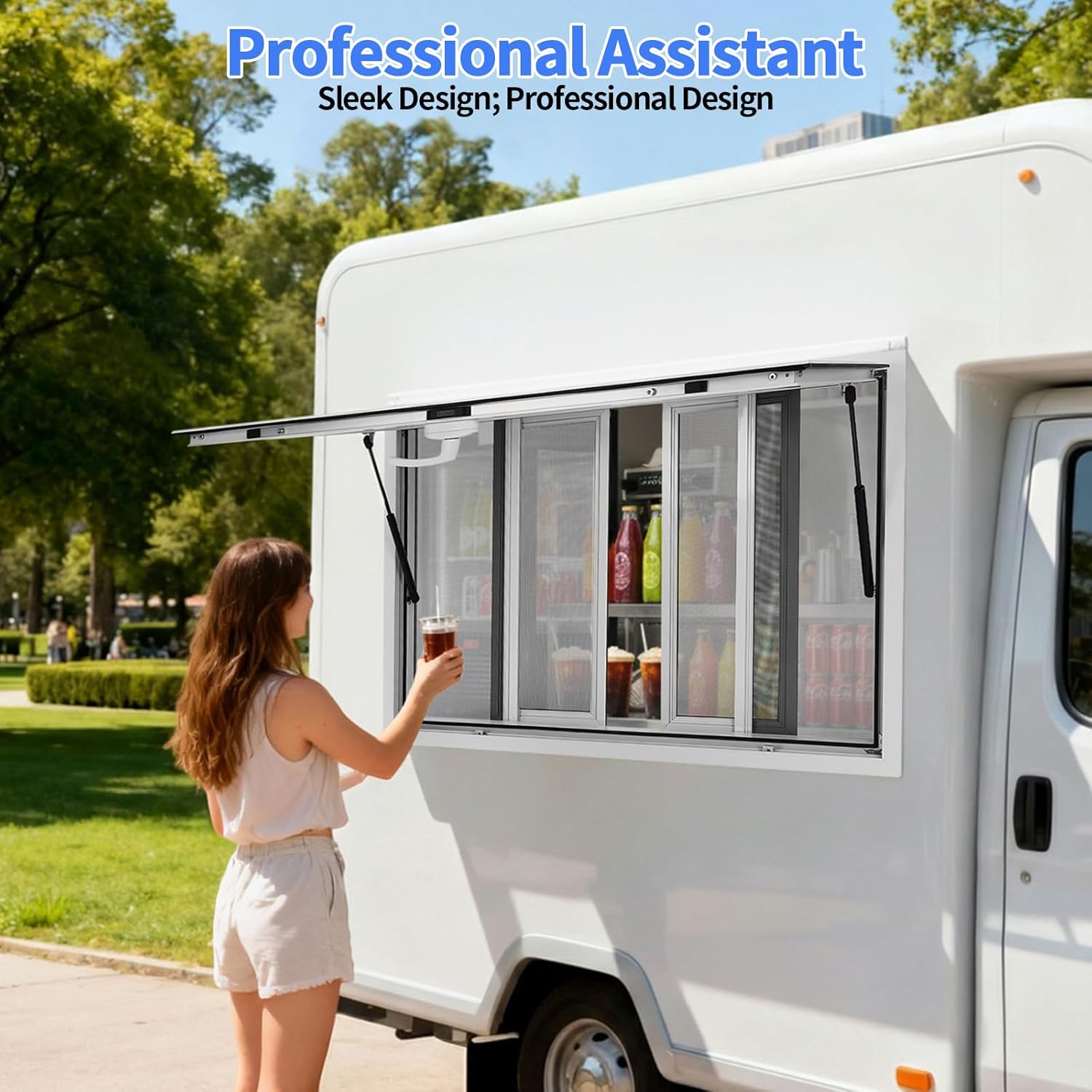 Concession Window 45 x 30 in, Aluminum Alloy Serving Window w/4 Horizontal Sliding Screen Windows & Awning Door & Drag Hook Up to 80 Degrees Food Truck Service Windows for Food Trucks, Trailer