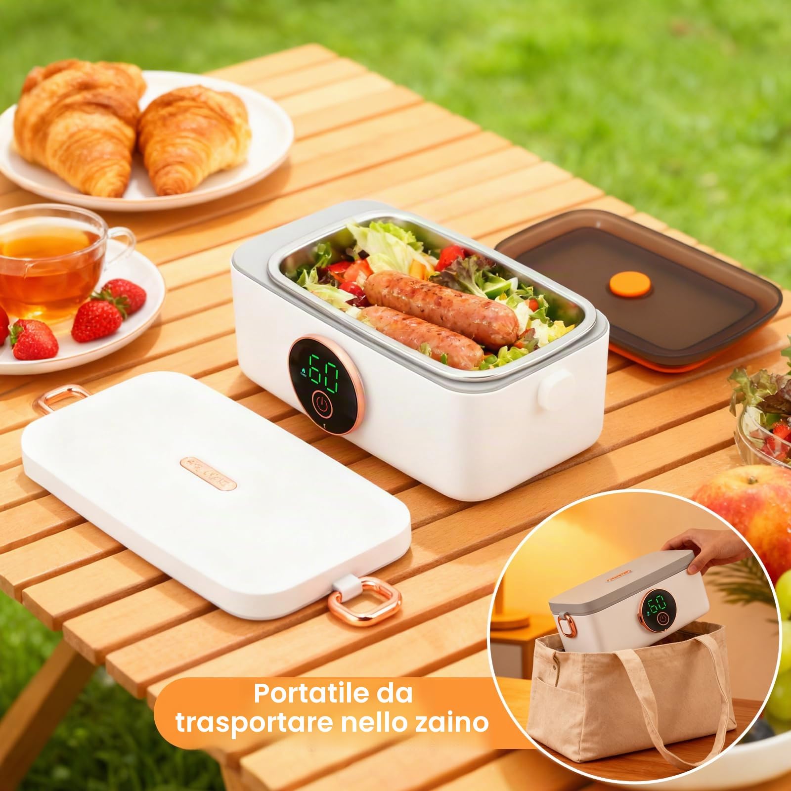Contenitore per il pranzo elettrico con batteria, senza fili, portatile, riscaldato, 1 l, in acciaio inox, isolato e autoriscaldante, 6 temperature e 6 timer, per ufficio, picnic, auto, esterno
