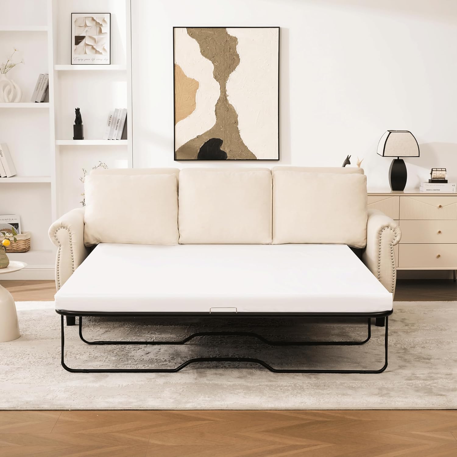 81.5'' Velvet Daybed, Convertible Sofa Bed, Pull-Out Sleeper Sofa with Sturdy Wooden Frame & Diamond Grid Design for Living Room & Office, Beige