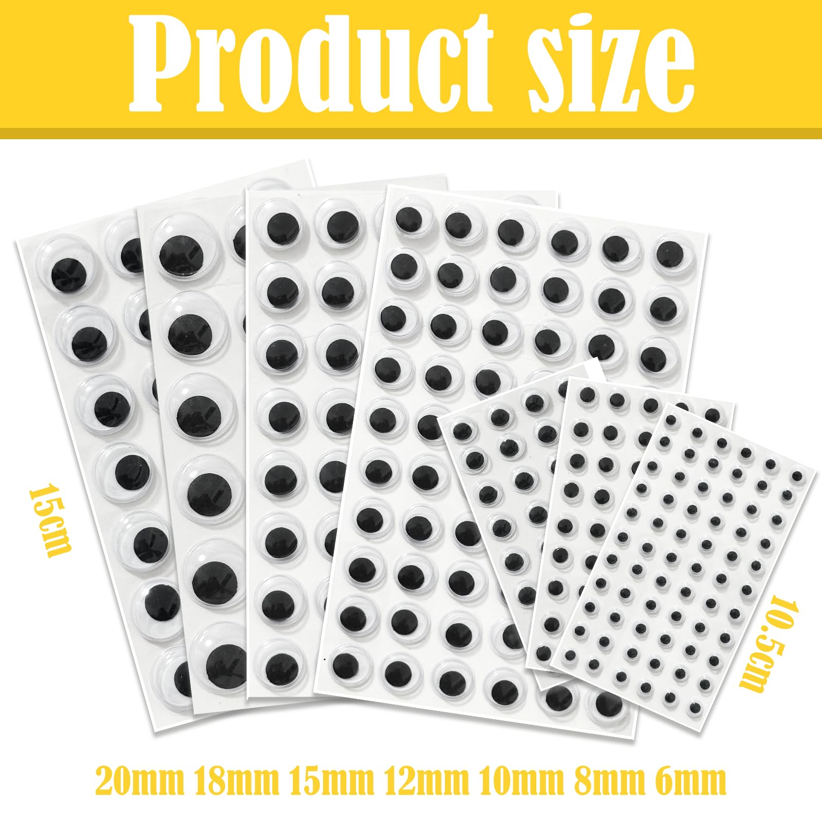 Nexolia Wiggle Googly Eyes with Self-Adhesive, 6mm 8mm 10mm 12mm 15mm 18mm 20mm Round Plastic Sticker Eyes Mixed Packaging, Easy Peel & Stick Application (Black and White)