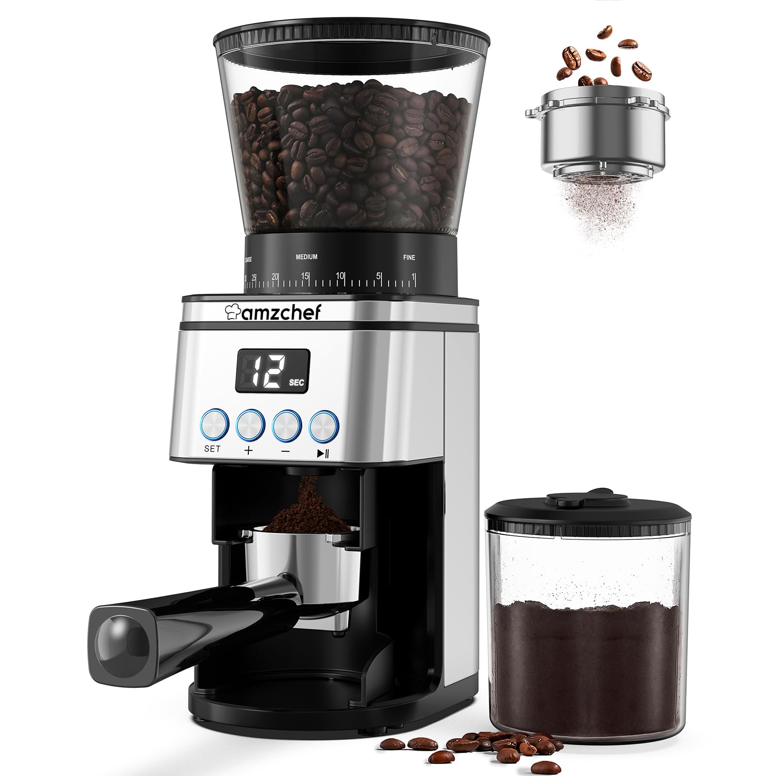 AMZCHEF Macinacaffè elettrico regolabile con 30 livelli di macinacaffè elettrico per macchina da caffè professionale, con display LCD e timer digitale