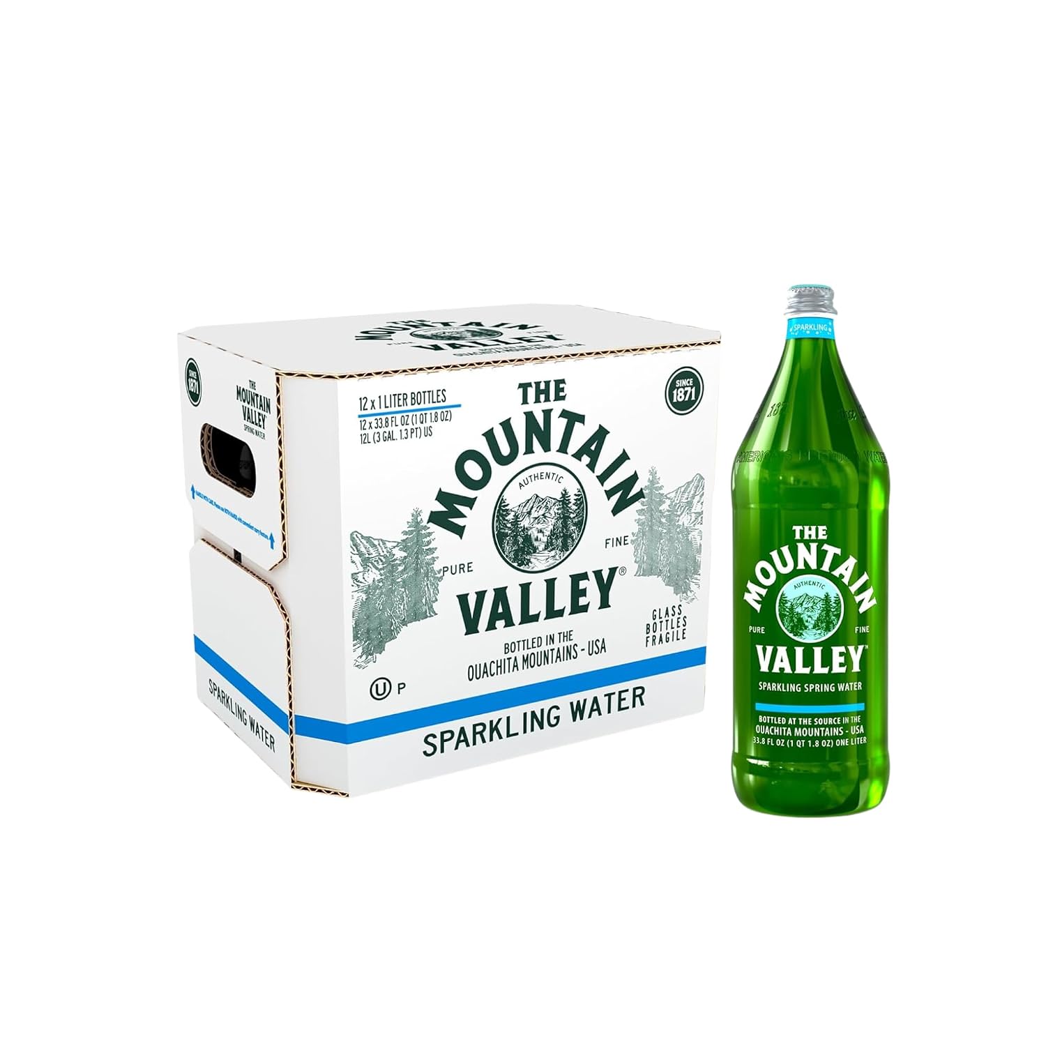 Mountain Valley Glass Spring - Sparkling Water 1 LTR 33.8 FL OZ 12 Packed in a Voodoux Sales Package - 6 Sparkling - 6 Spring
