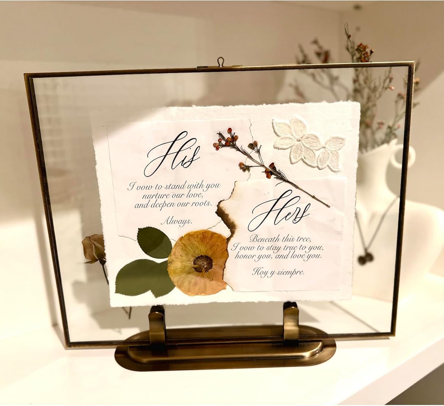 CAQ 8x10 Brass Floating Picture Frame Vintage Metal Glass Minimalist Home Wedding Decor Tabletop Shelf Display Photo Art Frame for Pressed Flower Keepsake Gifts for Christmas Anniversary