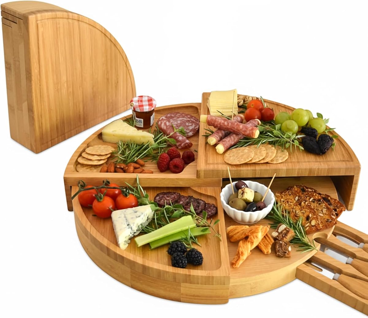 Picnic at Ascot Patented Bamboo Cheese/Charcuterie Board with Cheese Knife Set - Stores as a Compact Wedge - Opens to 18" Diameter - Designed & Quality Checked in USA