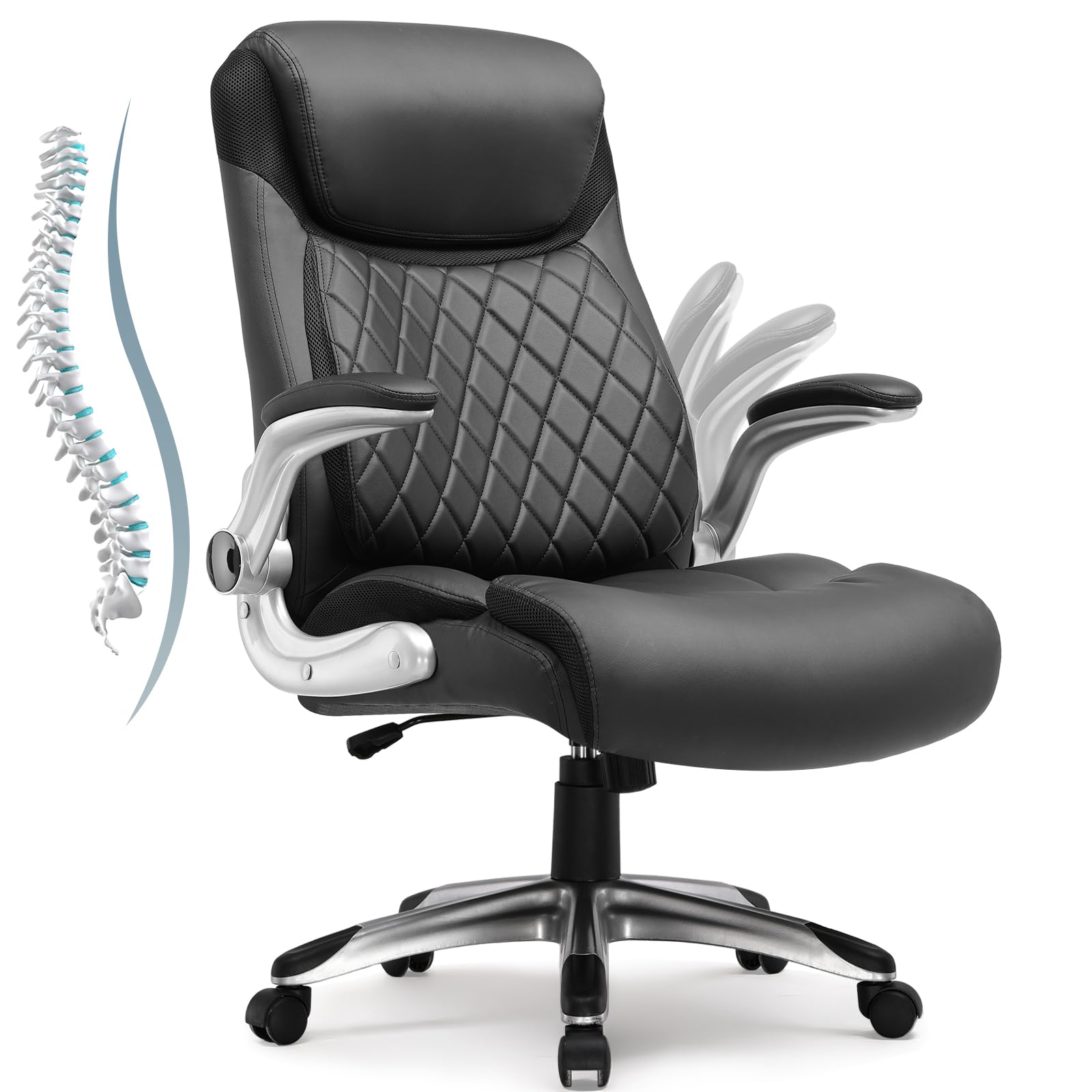 COMHOMA Bürostuhl Ergonomisch, Schreibtischstuhl mit klappbaren Armlehnenmit und Hoher Rückenlehne, Wippfunktion, Chefsessel Höhenverstellbarer，Kratzfeste Leder (Schwarz)