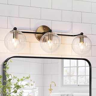 KSANA Black Gold Vanity Light, Modern 3-Light Bathroom Light Fixtures, Electroplated Brass Vanity Lighting with Clear Glass Globes Over Mirror