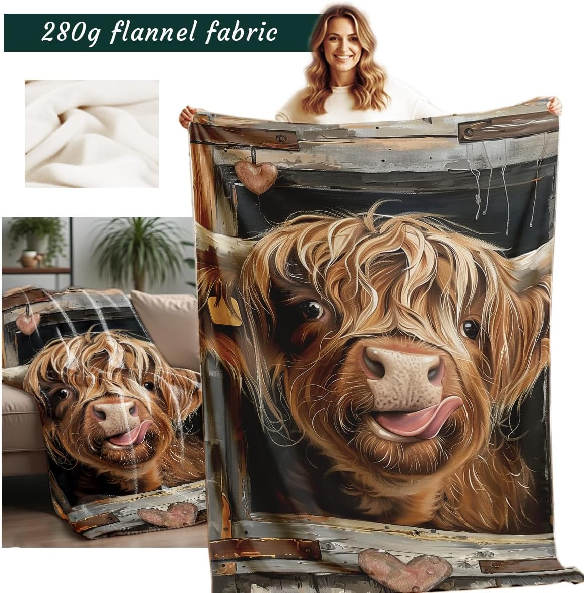 Printed Bed Blanket Highland Cow Blanket Queen Size Flannel Blanket Cattle Farm Animal Throw Blanket for Couch Sofa Living Room Travel Decor (49"x59") - Image 2