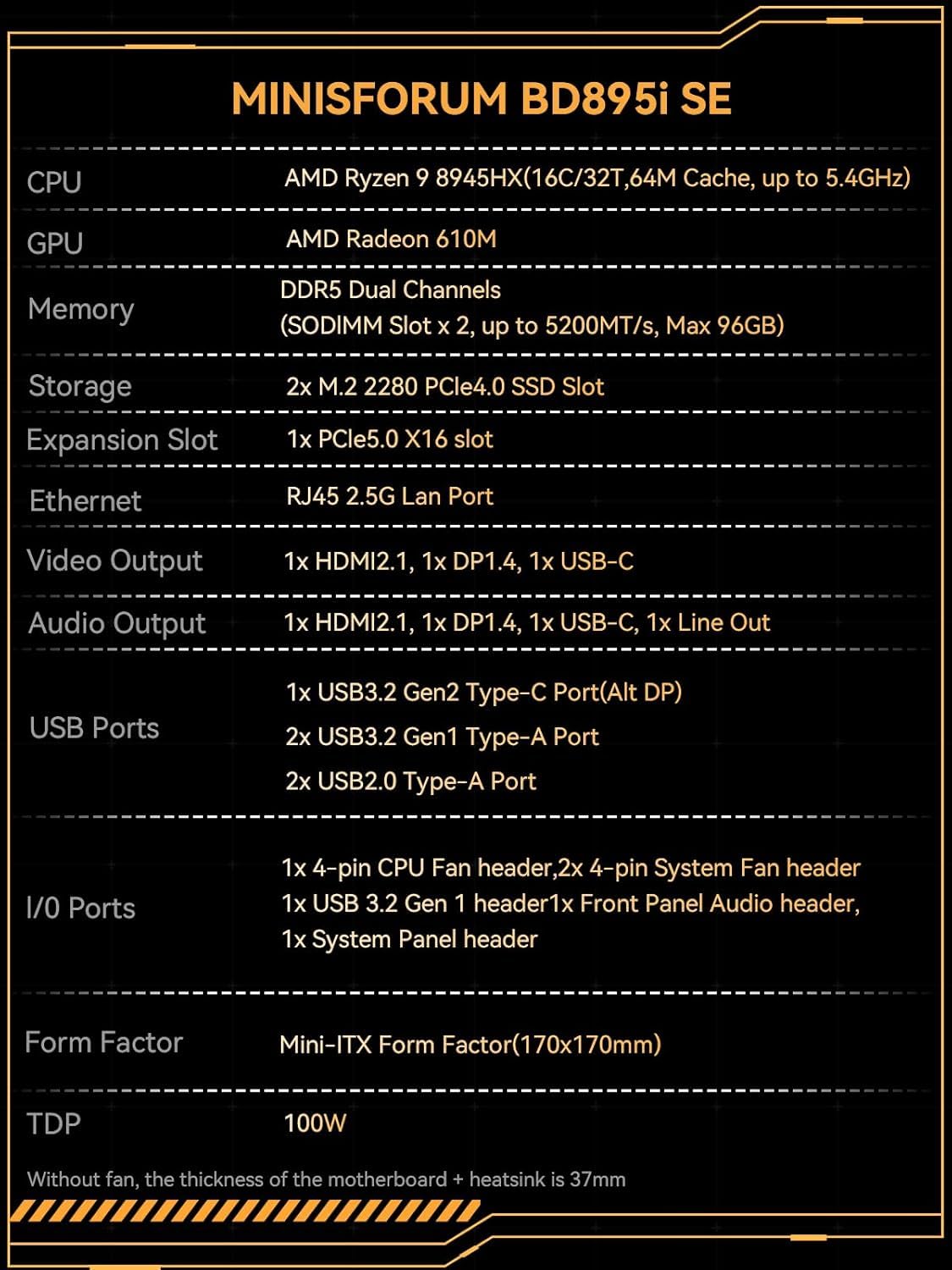 MINISFORUM BD895i SE Mini-ITX-Mainboard, AMD Ryzen 9 8945HX (16 C / 32 T, bis zu 5,4 GHz), PCIe 5.0 x16-Steckplatz, Zwei M.2 PCIe 4.0-Steckplätze, DDR5, HDMI/DP/USB-C, RJ45 2,5 GbE, USB 3.2 Gen 2