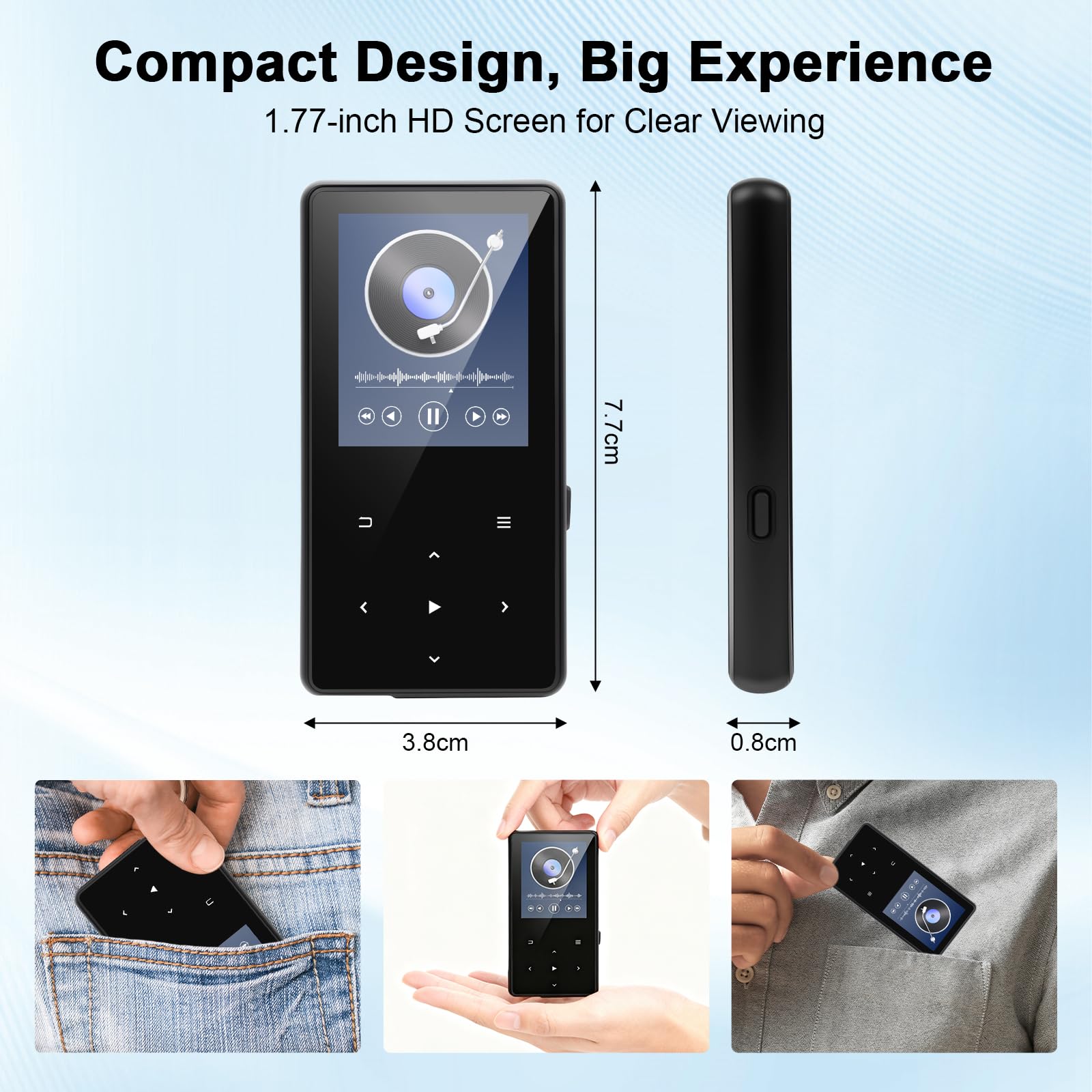 Lettore MP3 da 64 GB con Bluetooth, lettore musicale portatile con altoparlante, radio FM, audio HiFi, mini lettore audio digitale con cuffie incluse