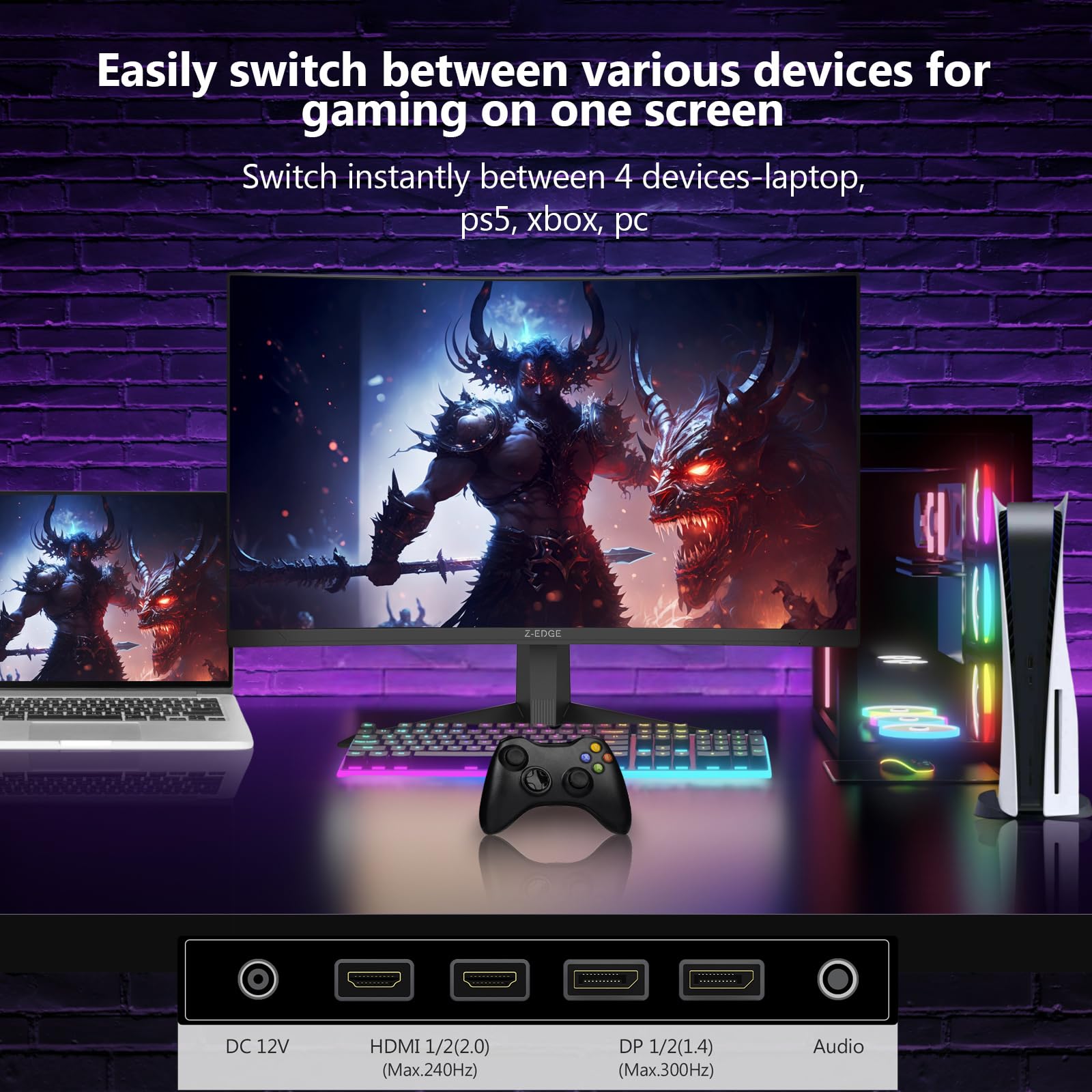Z-Edge - Monitor Curvado para Juegos de 27 Pulgadas, 300 Hz, 1 ms 16:9 FHD 1080P, Monitor Curvado sin Marco, UG27S Freesync Eye Care, 2 DisplayPort, 2 HDMI