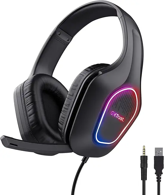 Trust Gaming GXT 419 Rayne Leichtes Gaming Headset für PC/Konsole, USB-betriebene LED Beleuchtung, 50-mm-Treiber, 3,5 mm Audioanschluss, Over-Ear Kopfhörer mit Kabel Computer Laptop, Schwarz
