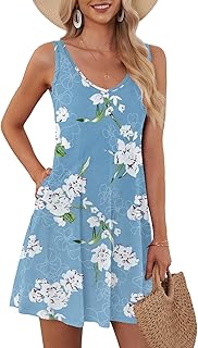 Sommerkleid Damen Ärmellose Strandkleid Leicht Swing Kleid V Ausschnitt Mini Kleid