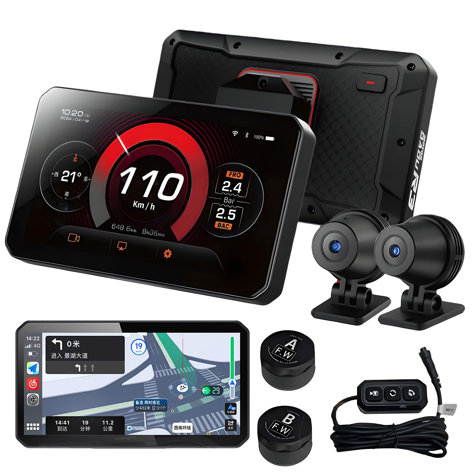 Ekran Motocyklowy Carplay Z Nawigacją Gps, 5,5-Calowy Ekran Dotykowy Lcd Rejestrator Jazdy Motocyklem Wifi/app, Przednie I Tylne Kamery Noktowizyjne Hd 1080P, Ipx67, Eis Anti-shake, Ostrzeżenie
