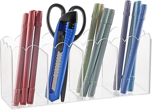 MOLIGOU Acrylic Pencil Holder, 4 Compartments Clear Pen Organizer, Desktop Pencil Holder with Petal-Shaped Edges