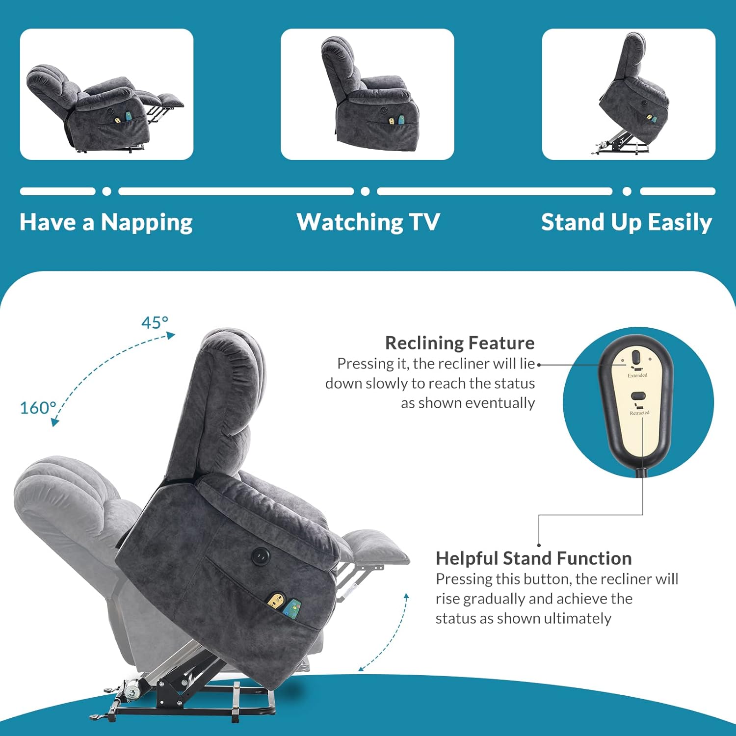 Large Power Lift Recliner Chair with Massage and Heat for Elderly Big Man, Extra Wide & Oversized Electric Recliner W/Remote Controls, USB Ports & Side Pockets, Velvet Fabric (Grey)