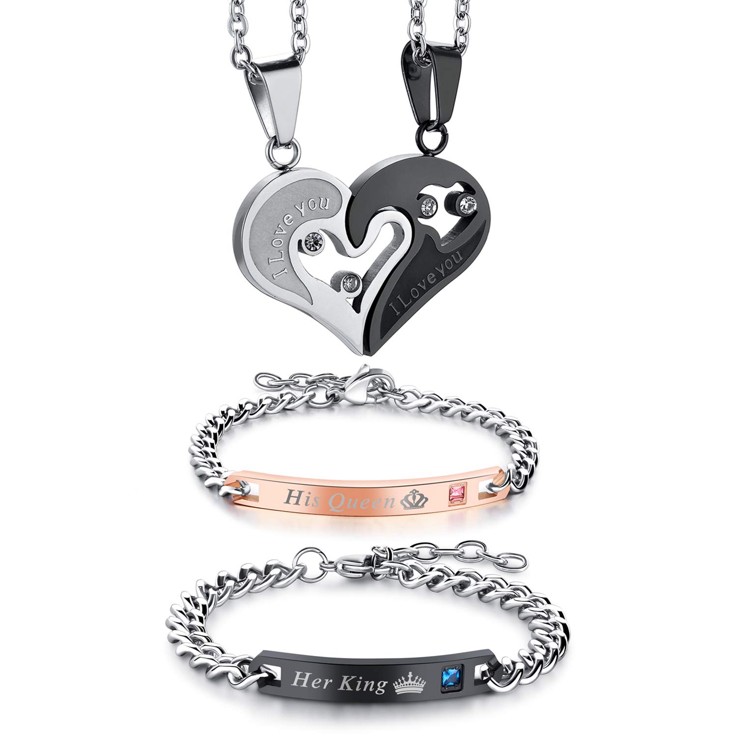 Cupimatch2 Pairs Couple Matching Necklace Bracelets, Adjustable Stainless Steel I Love You Heart Puzzle Necklace His and Hers Bracelets Her King His Queen CZ Relationship Bangle Jewelry