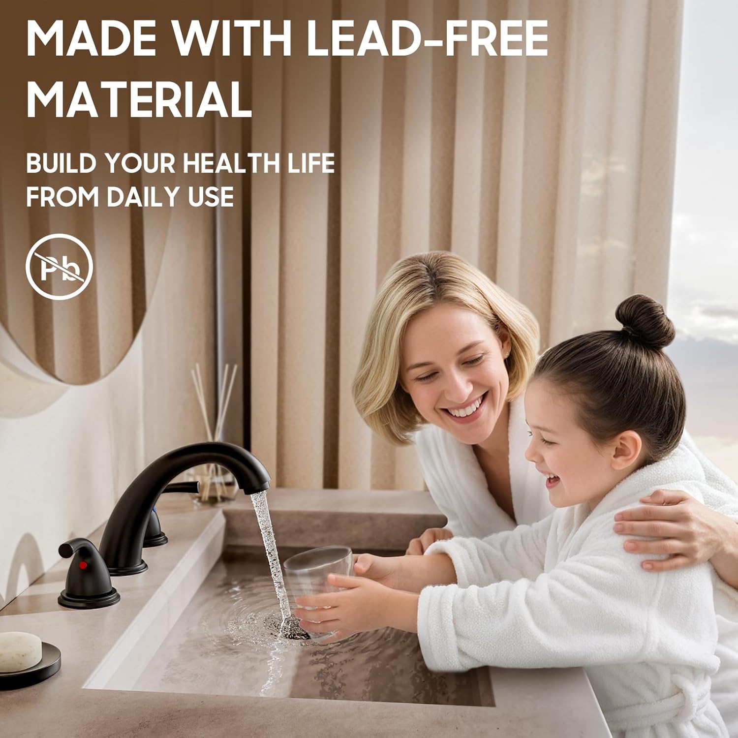 Phiestina 8 Inch 3 Hole Matte Black Widespread Bathroom Faucet, Low Arc Basin Sink Faucet, with Metal Pop-up Drain with Overflow and Water Supply Line, BF03008-B11-MB