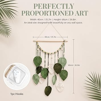 Macrame Wall Hanging Boho Wall Decoration with Leaves and Wooden Beads 40 x 65 cm Handmade Tapestry for Living Room Bedroom Office Hallway (Green & White)