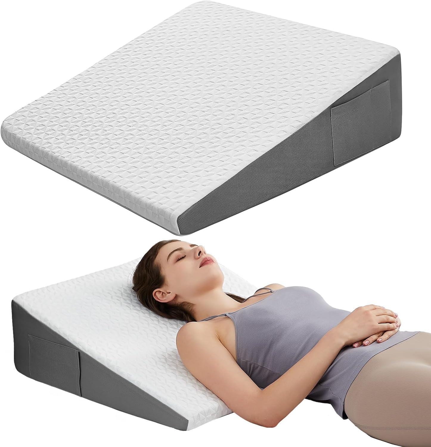 Wedge Pillow for Sleeping: 10 Inch Bed Wedge After Surgery, Cooling Memory Foam Pillow for Back Support and Leg Elevation, Triangle Pillow for Acid Reflux & Heartburn & GERD & Snoring White-grey 24*24*10 inch