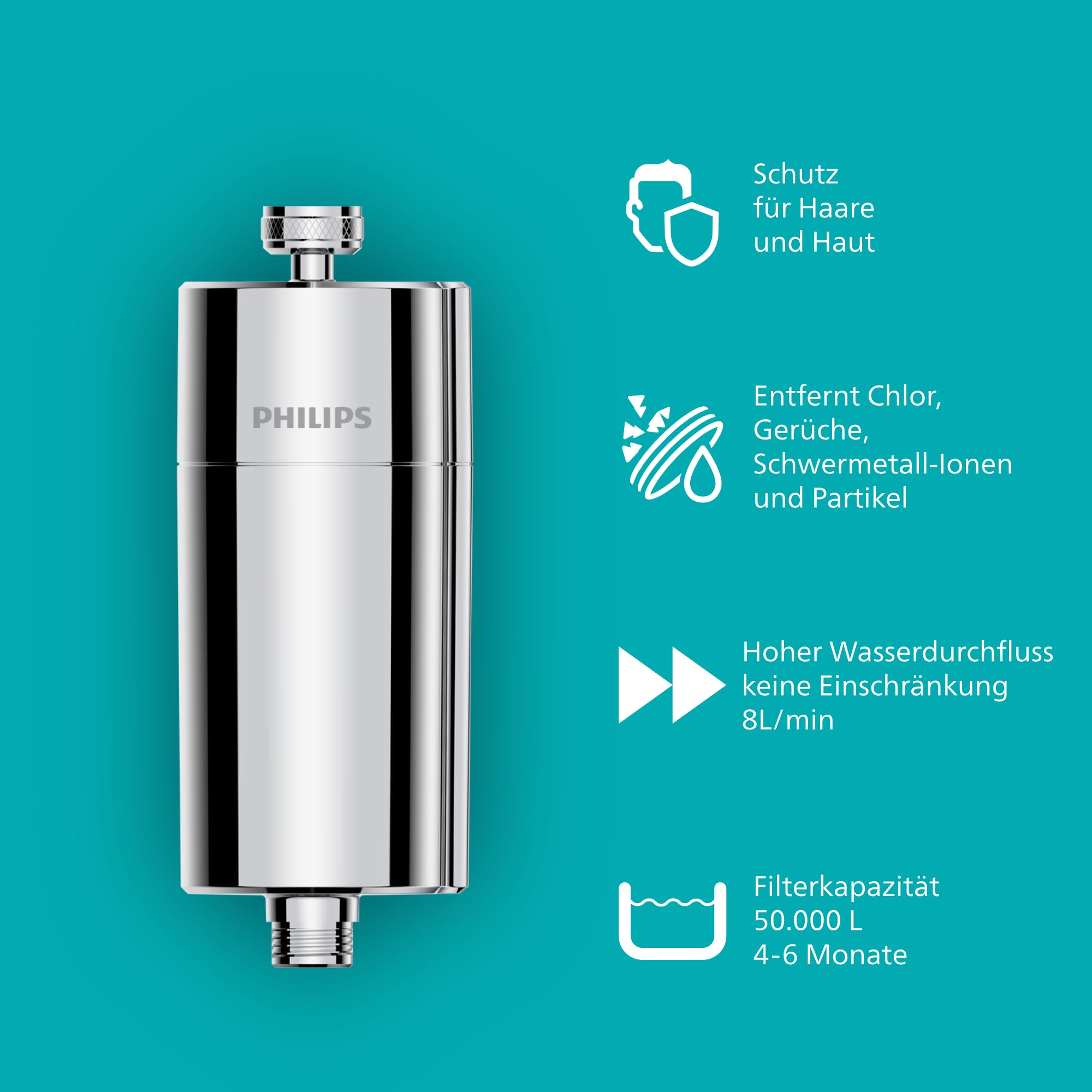 Philips Water Inline-Duschfilter mit 1 Ersatzkartusche – 50.000 L Kapazität, reduziert Chlor um bis zu 99%, passend für alle Standardschläuche und -armaturen, Chrom