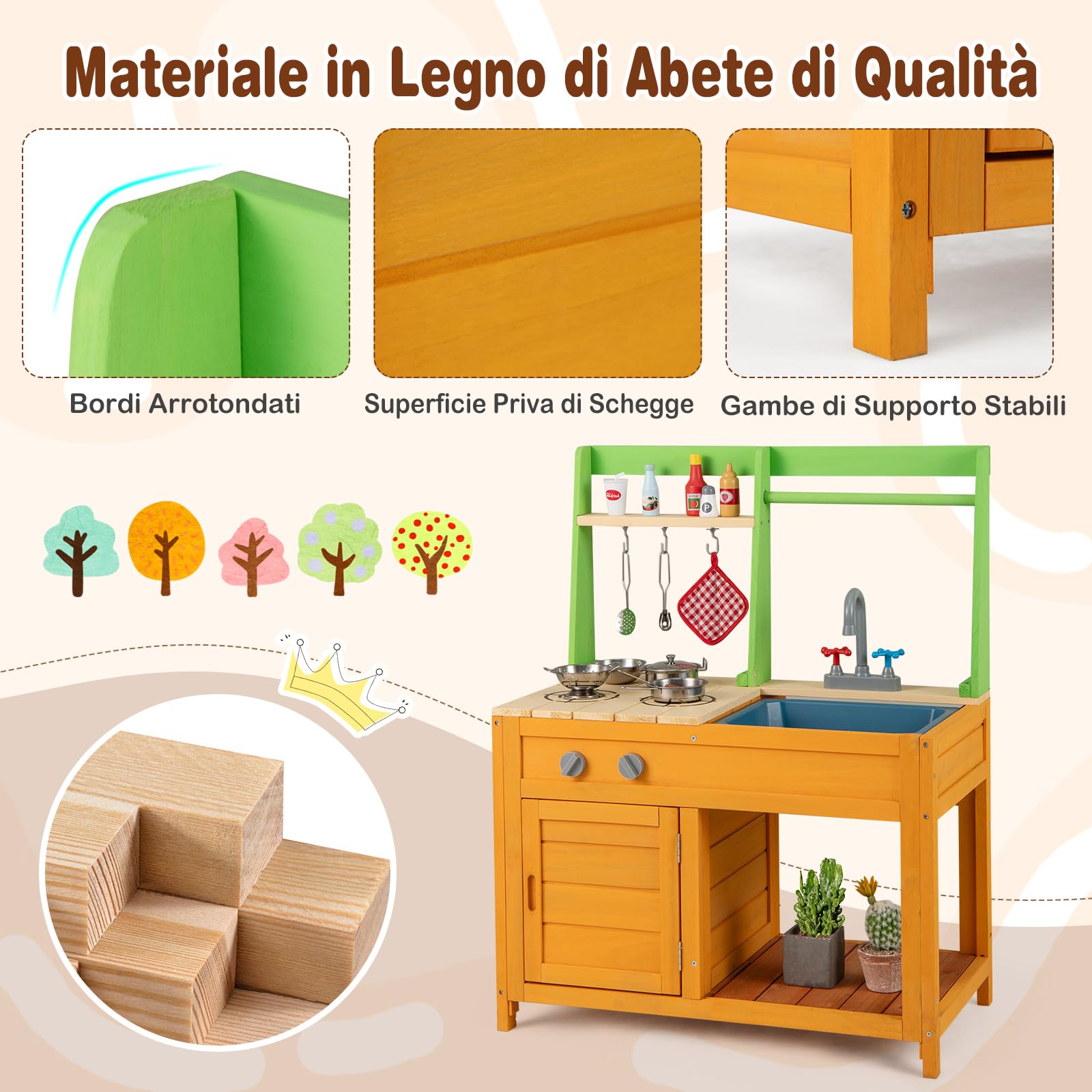 GYMAX Cucina Giocattolo in Legno per Bambini, Cucina da Esterno con Fornelli, Lavello, Rubinetto, Suoni, Accessori Ricchi e Ripiani Aperti, Giocattolo Interattiva per Bambini 3+ Anni