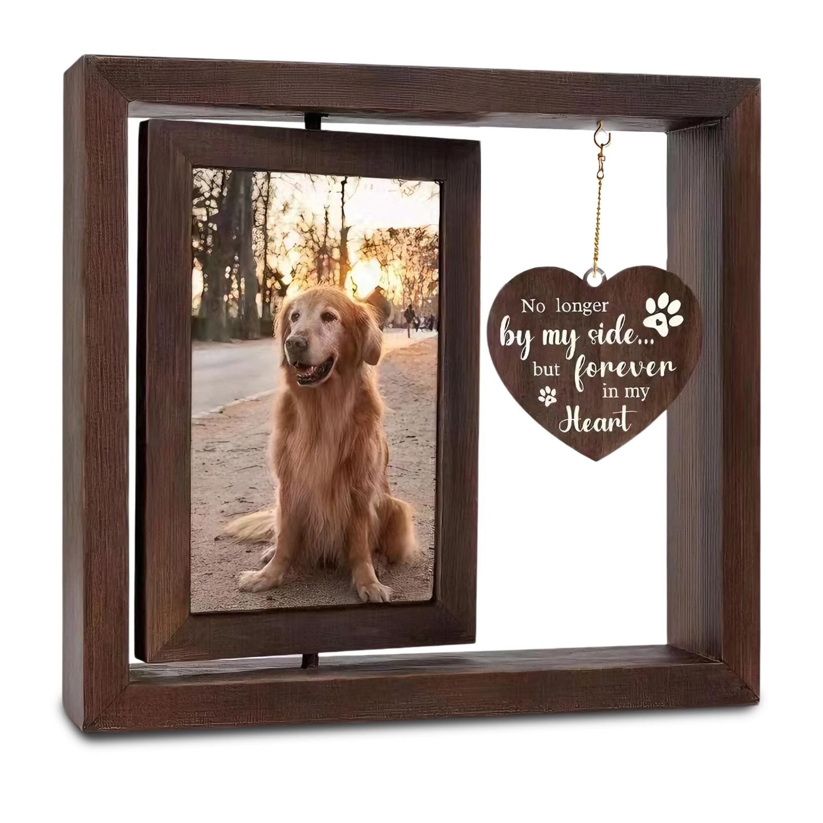 Wooden Rotating Dog Photo Frame, Pet Memorial Gifts with Heart Charm, Memorial Photo Frame for Beloved Pet, 360-Degree Rotatable for Home Display, Thoughtful Dog Photo Gifts for Pet Lovers