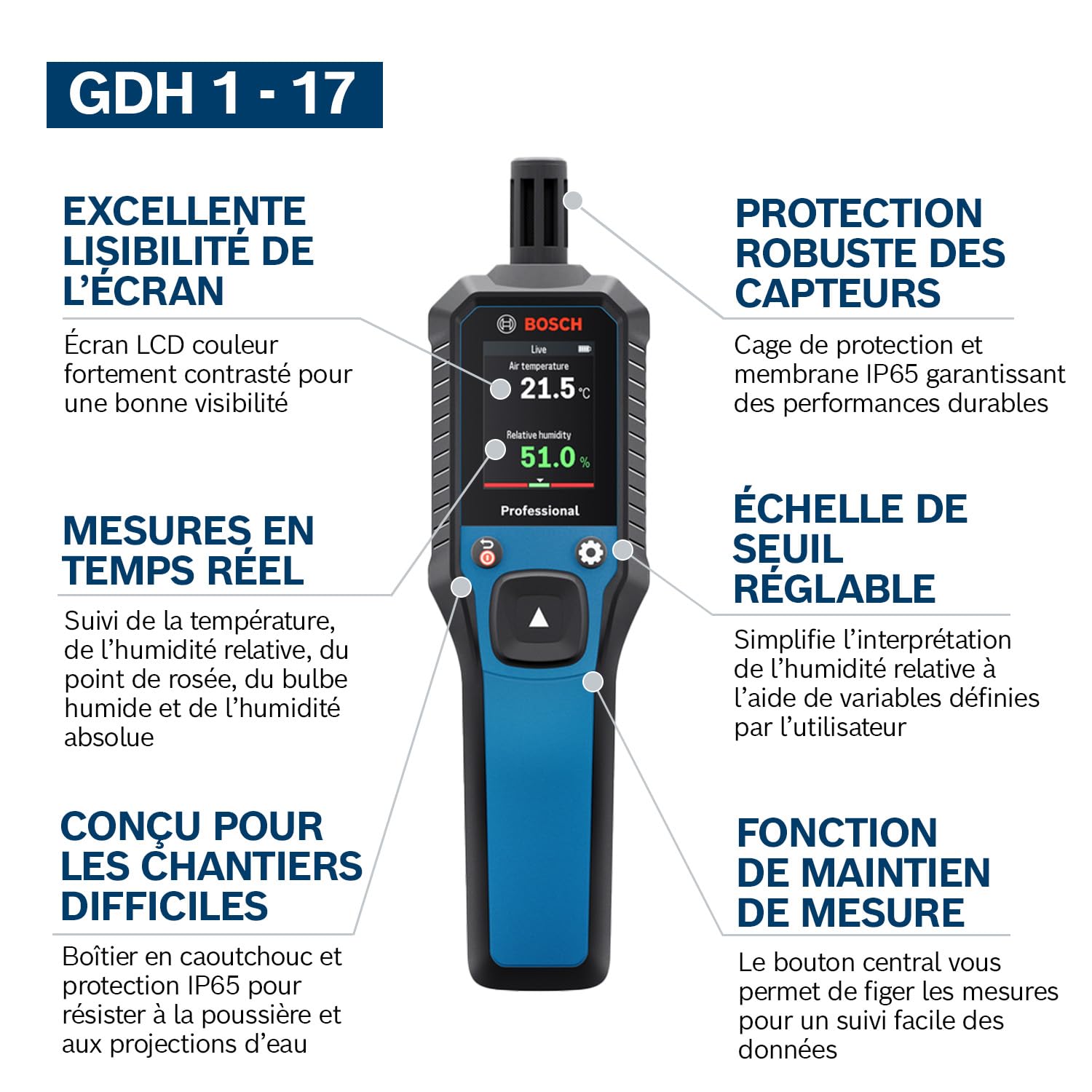 Thermo-hygromètre GDH 1-17 Bosch Professional (lecture en temps réel, écran LCD couleur fortement contrasté, indice de protection IP65, boîtier caoutchouc, 2 piles AA, housse)