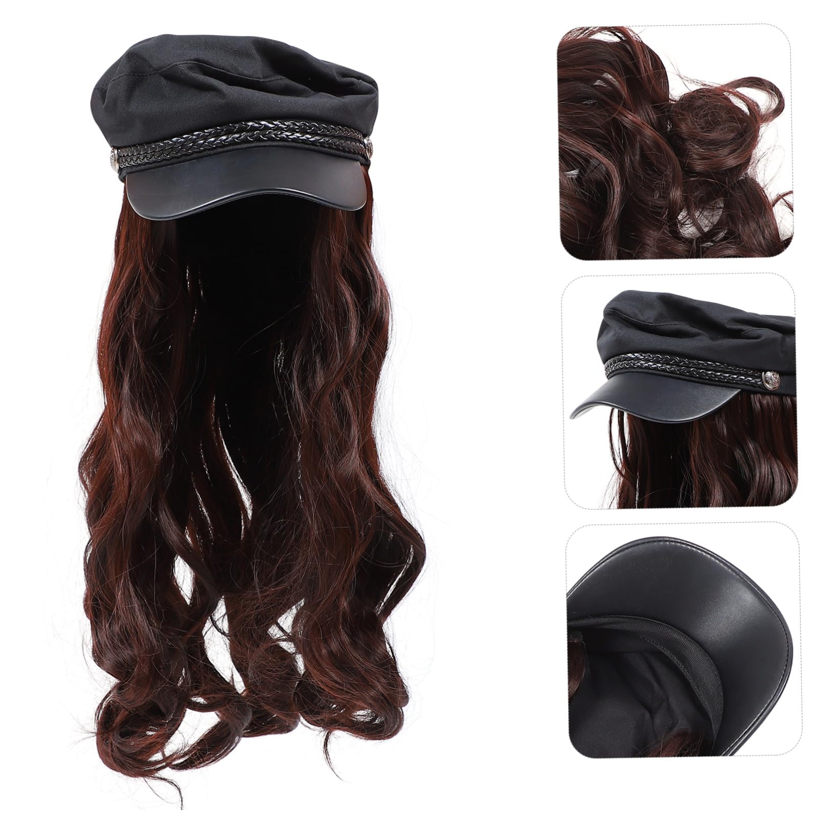 Peluca Marrón Rizada Sintética con Gorro para Mujer Sombrero de Peluca Natural con Ondas Grandes Gorro de Pelo Permanente para Fiestas y Uso Diario