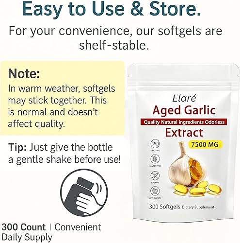 Miniatura 7 de Elare Extracto de ajo añejo 300 unidades, 7500 mg, suplemento de ajo orgánico inodoro para apoyo cardíaco e inmunológico, vegetariano, sin OMG,