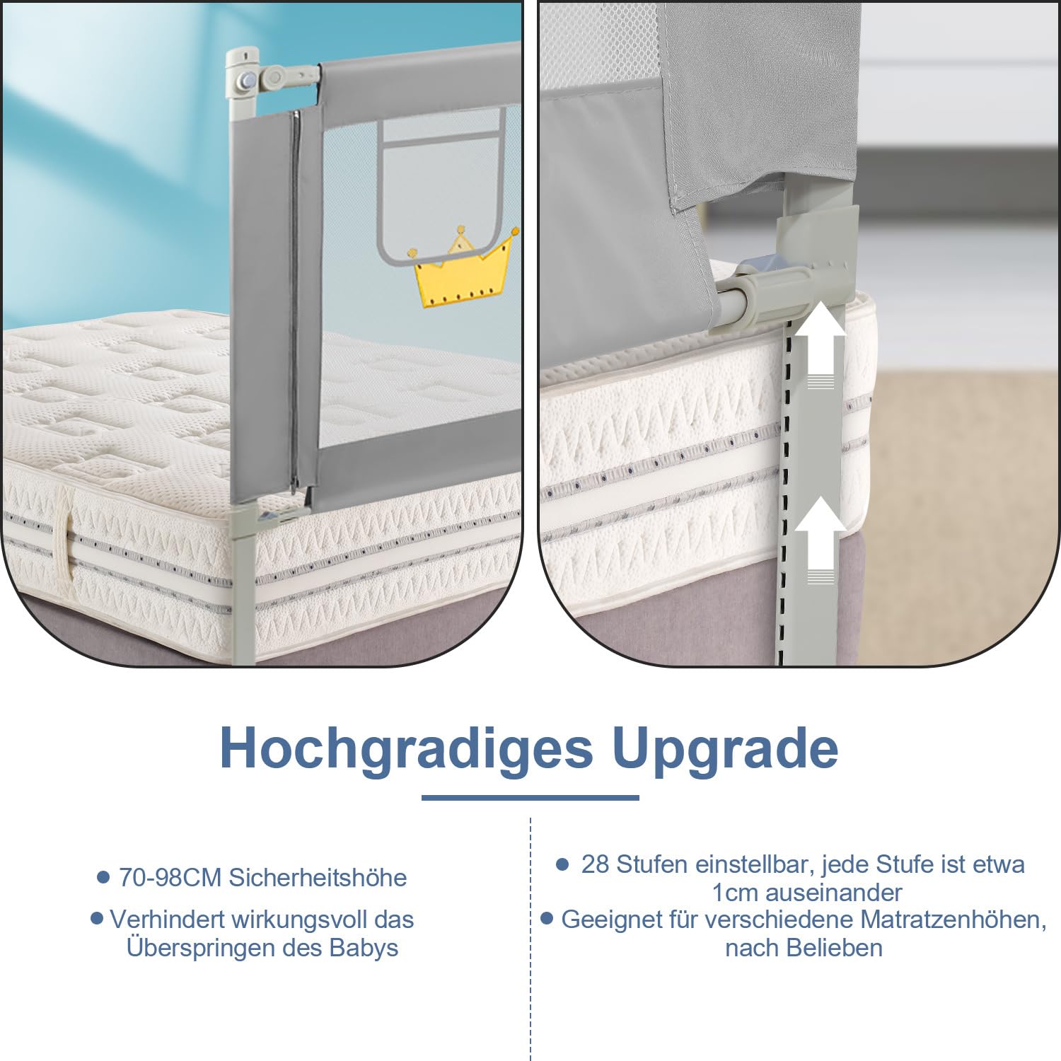 Barrera de cama para bebé, 200 × 70 cm, altura ajustable, barrera protectora para cuna de 70 – 98 cm, resistente con cierre de seguridad, malla transpirable, gris