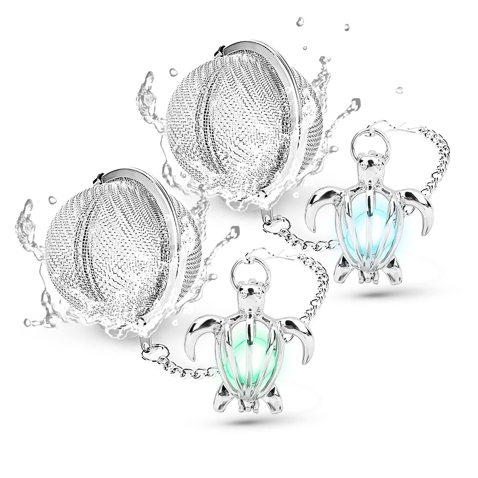 2pcs Tea Infuser TeaSanavie Loose Leaf Tea Steeper Stainless Steel Tea Ball Mesh Tea Strainer Silver Glow In The Dark Turtle Pendant Tea Filter with Extended Chain Hook for Brew Fine Loose Tea Leave