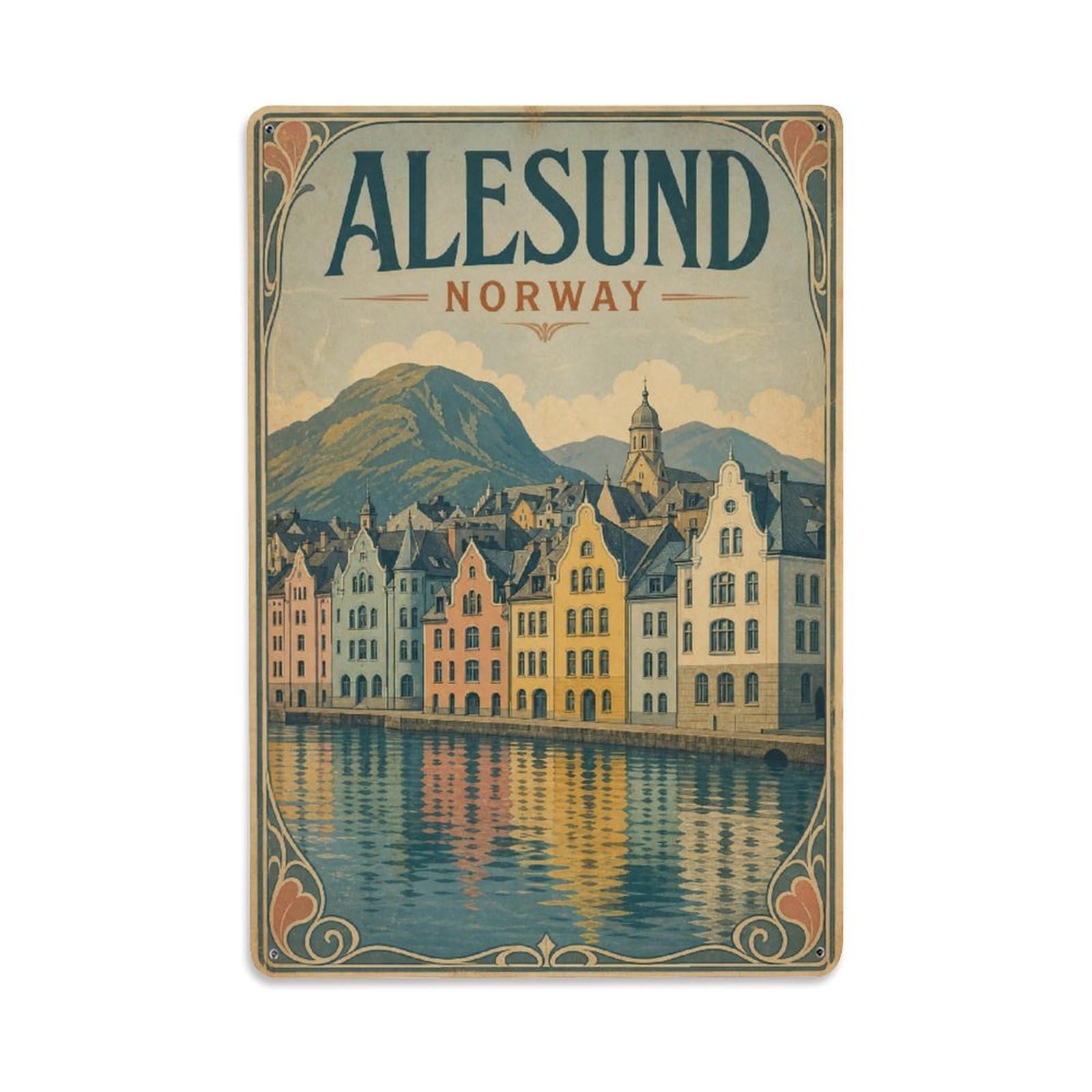 Vintage Travel Norway Alesund Metal Tin Sign Plaque Wall Decor for Cafe, Club Bar, Office, Garden Metal Poster 8x12Inch