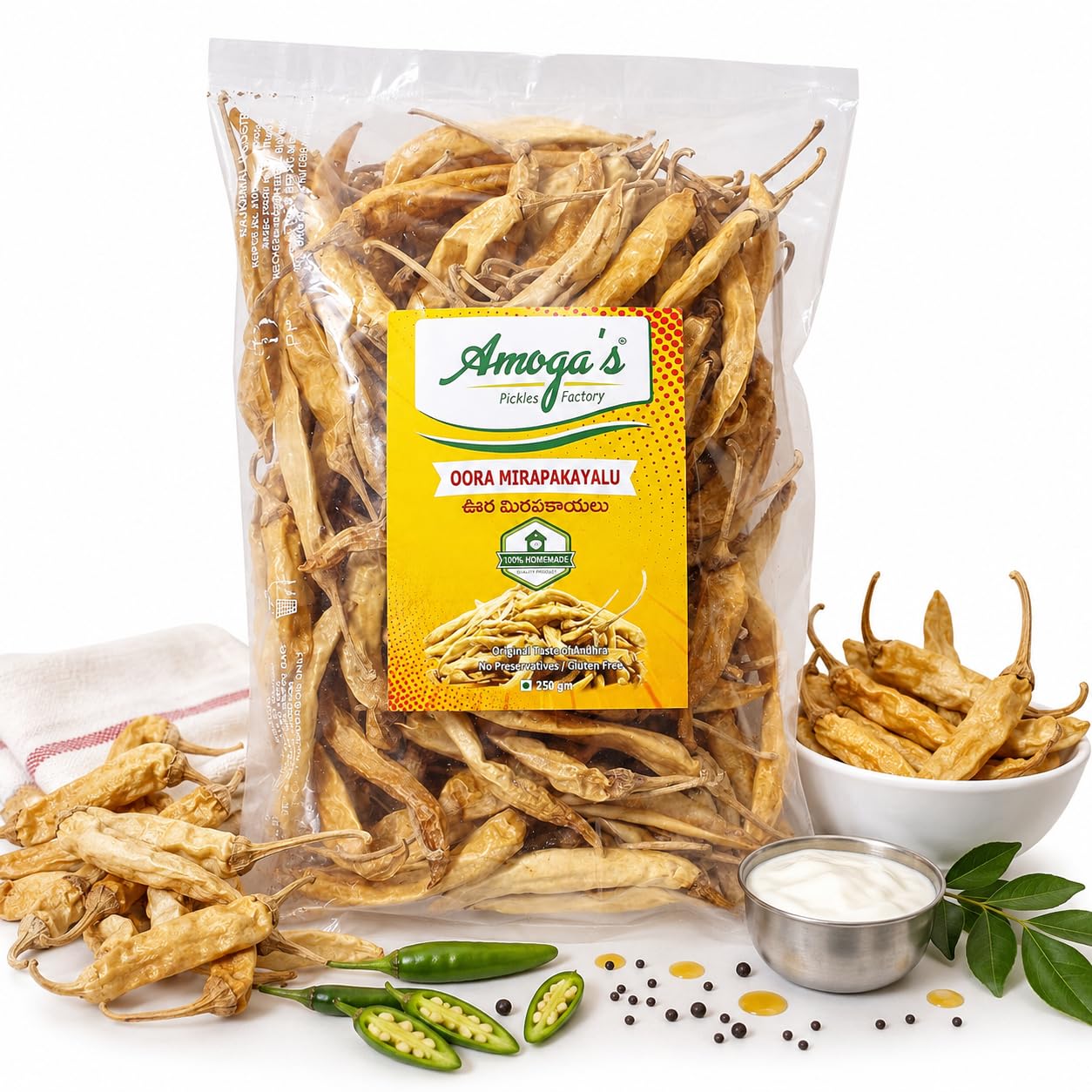 Amoga's Pickles Factory,Curd Chilli ,Uppu Mirapakaya / Oora Mirapakayalu /Challa Mirapakayalu / Sun Dried Butter Chilli 100% Homemade ,Andhra Style (250)-image-11