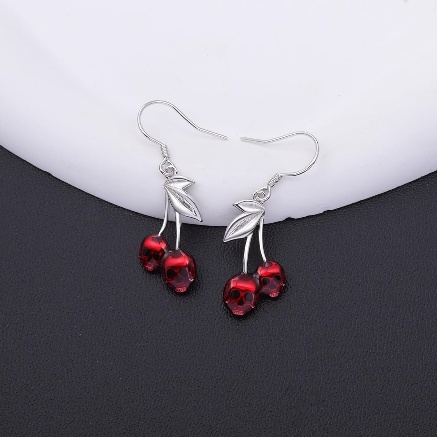 Cherry Skull Dangly Earrings for Women: Silver Cherry Skull Earrings Gothic Punk Red Spooky Jewelry Cute Halloween Christmas Gift - Image 2
