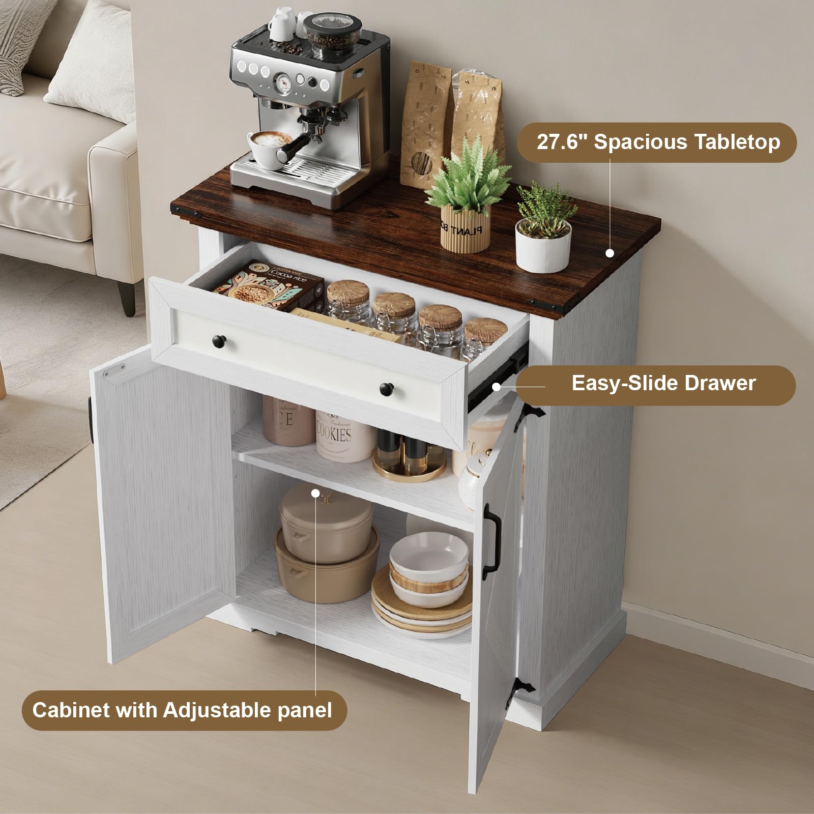 EOSVALO Küchenschrank, Sideboard mit Schubladen, Aufbewahrungsschrank mit Türen, Buffetschrank mit Verstellbarem Fachboden für Flur, Wohnzimmer, Esszimmer, 70,1 x 34 x 80 cm