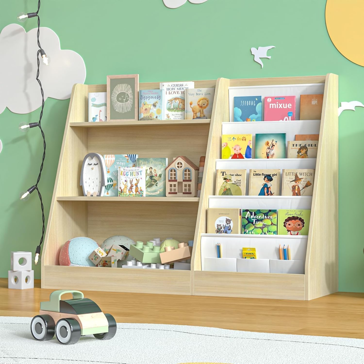 Garden 4 you Kinderregal,Bücherregal Kinder,Kinderregal mit 4 Ablage und 3 offenen Fächern,Bücherregal Kinderzimmer aus Naturholz -80 x 30 x 67.5 cm (Eiche)