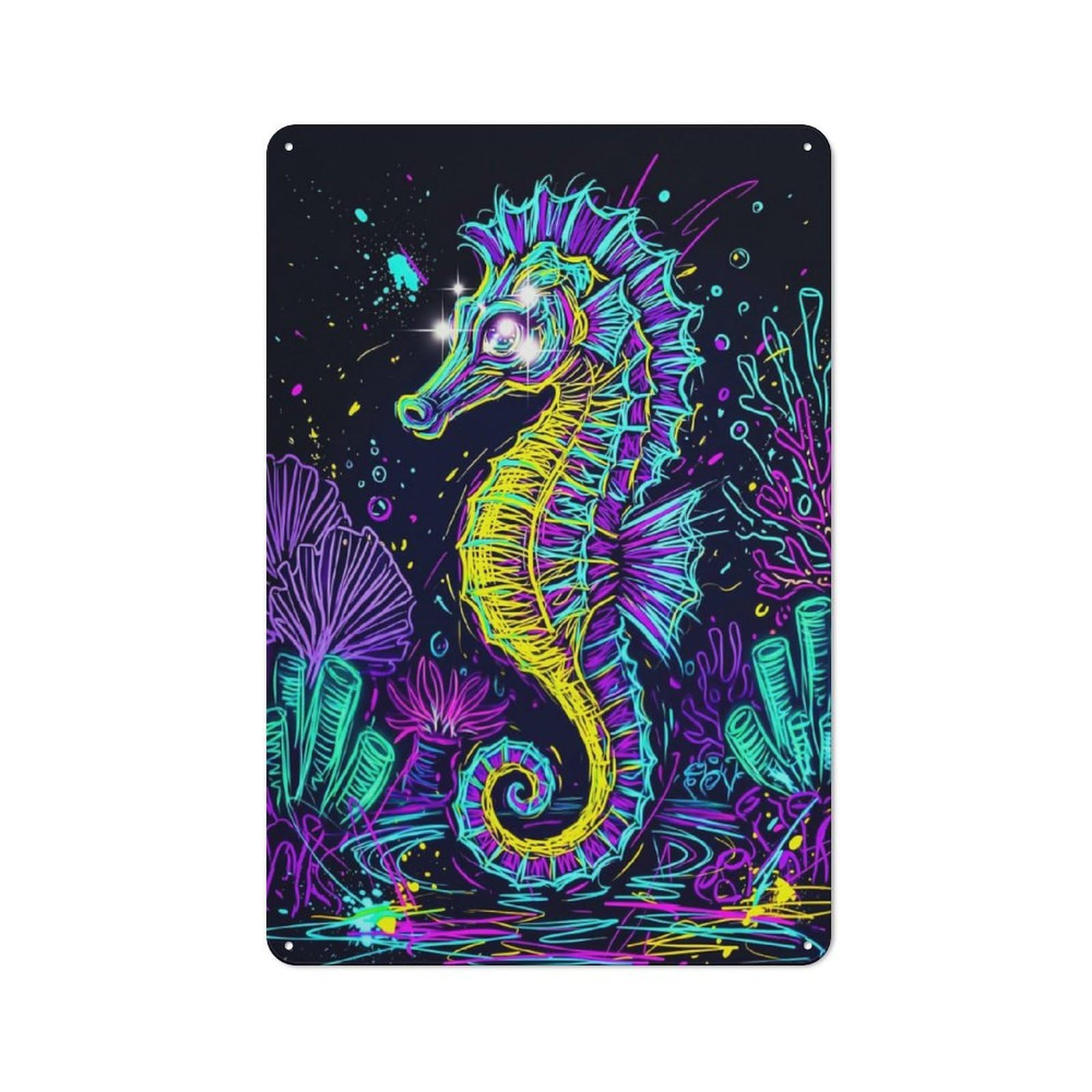 Metal Wall Sign 30x20cm Featuring Vibrant Neon Seahorse Graffiti for Living Room Wall, for Feature Wall Decorators