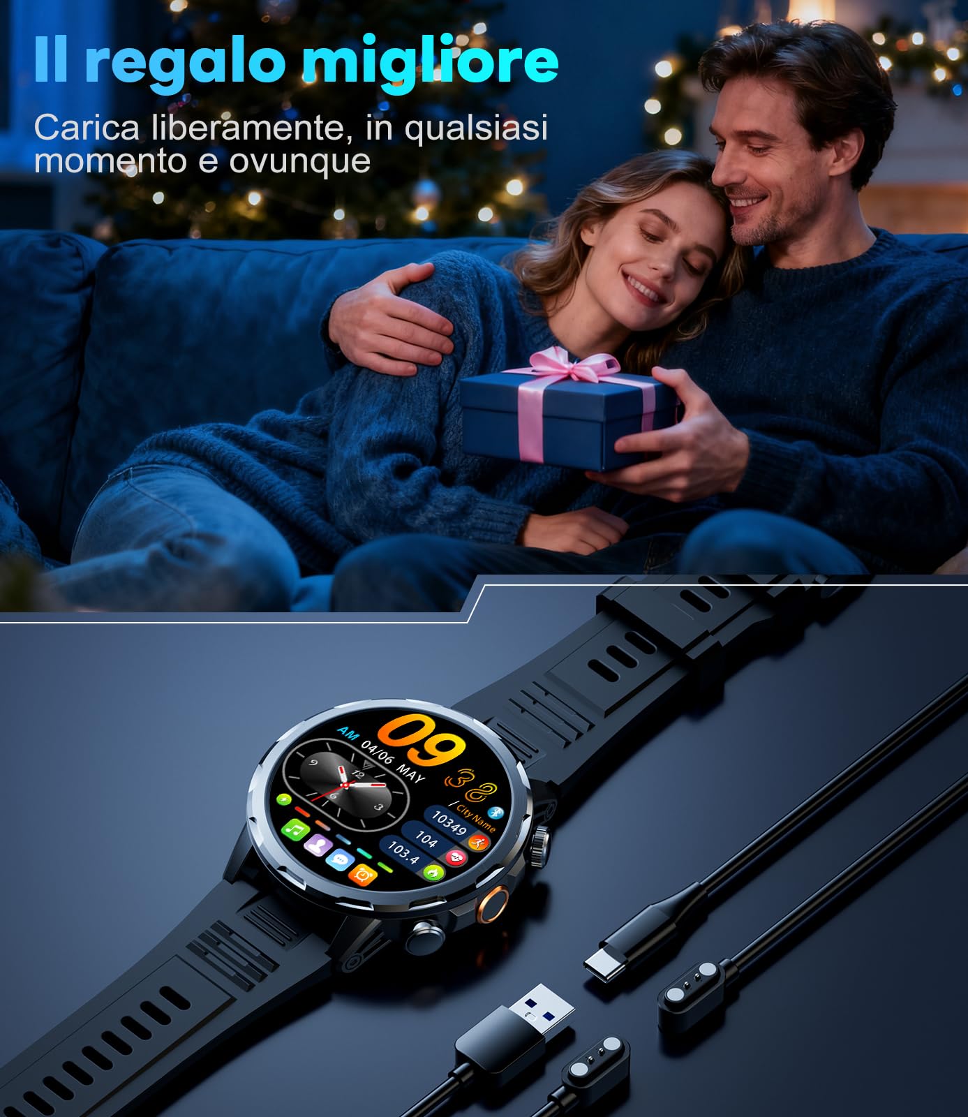BENYAR Smartwatch Uomo Militare con 1000mAh/Torcia LED/Due Cavi,1,7" Orologio Smartwatch Fitness con Chiamate/IP68 Impermeabile/100+ Sportive/Cardiofrequenzimetro/Sonno/Notifiche Messaggi Android iOS