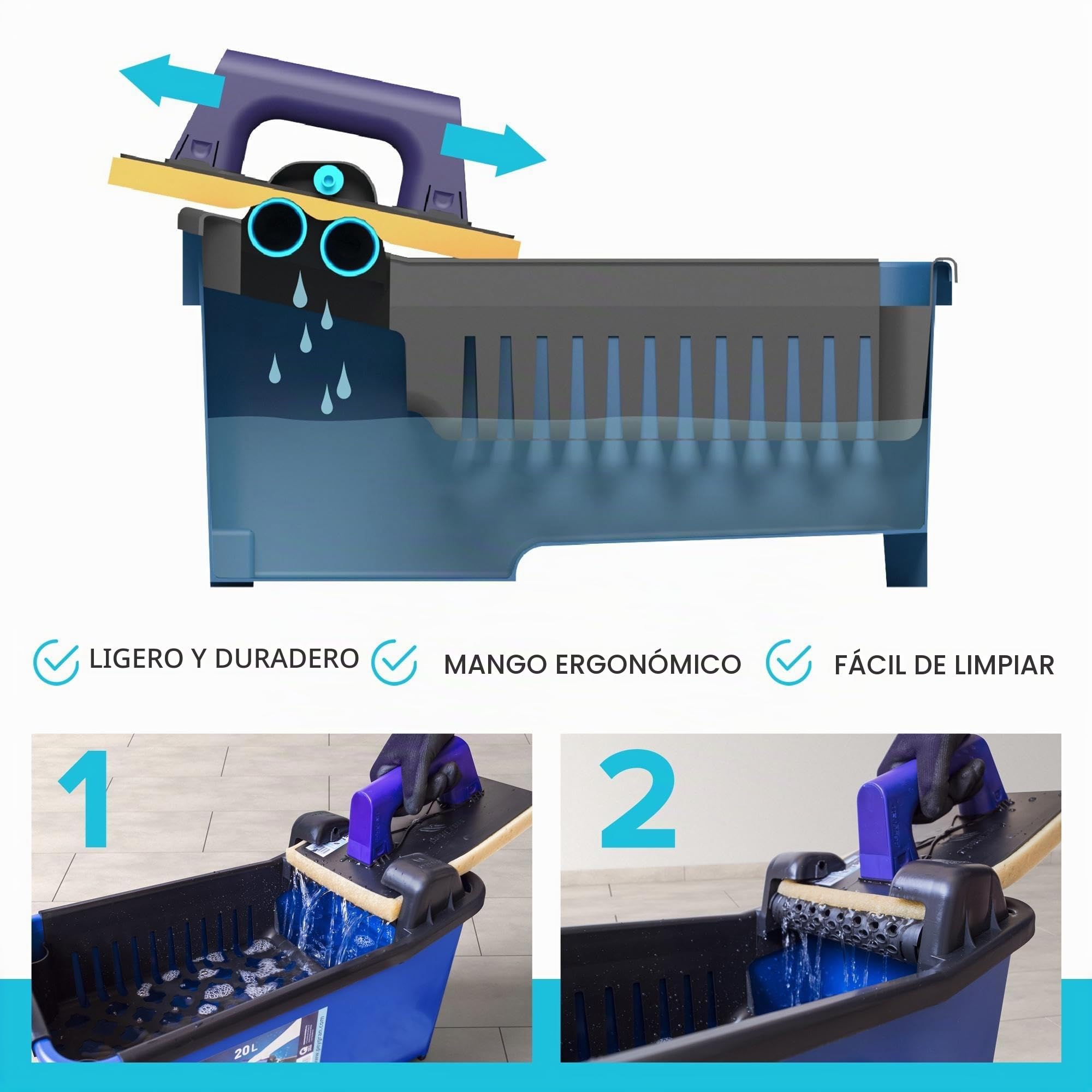 Peygran - Kit de limpieza: Cubo de 20 litros equipado con un sistema de rodillos que garantiza un drenaje máximo y más eficiente. Incluye talocha de rejuntado y talocha con tres esponjas diferentes.