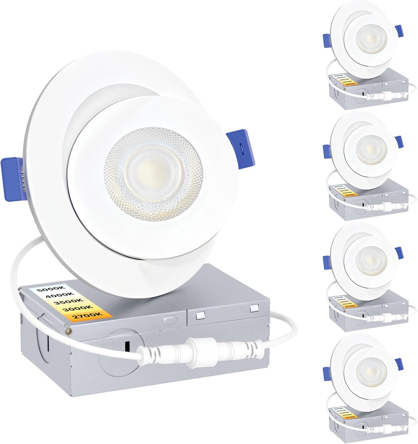 Ensenior 4 Pack 4 inch Gimbal Led Recessed Light with Junction Box, 90° Adjustable Directional Eyeball Lighting, Dimmable, 2700K/3000K/3500K/4000K/5000K, 900LM, 9W=85W-ETL&FCC Certified