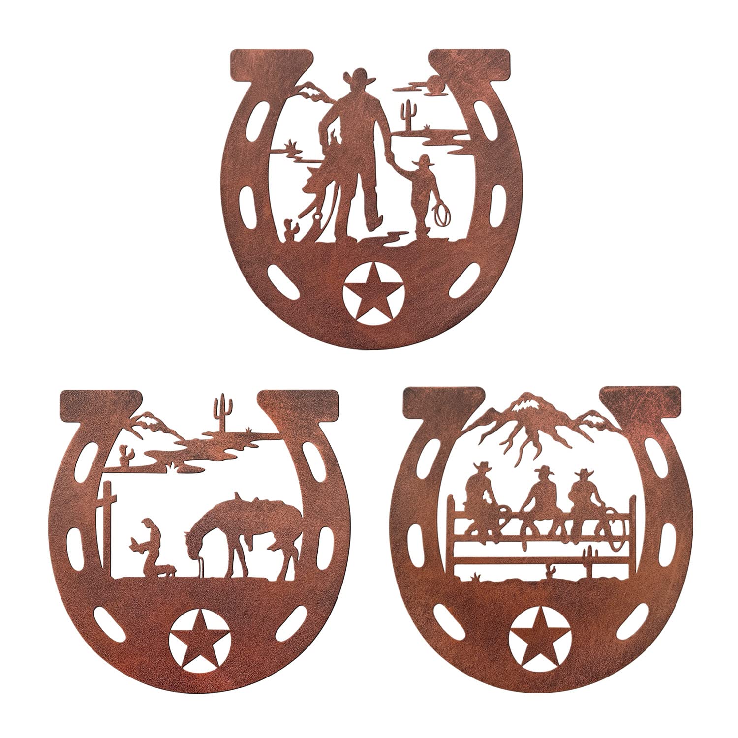 WAIU Metal Horseshoe Cowboy Art Decor, Pentagram cowboy decoration?Rustic Western Wall Decor, Western Themed Cowboy Decorations for Home Bedroom Bathroom, Set of 3