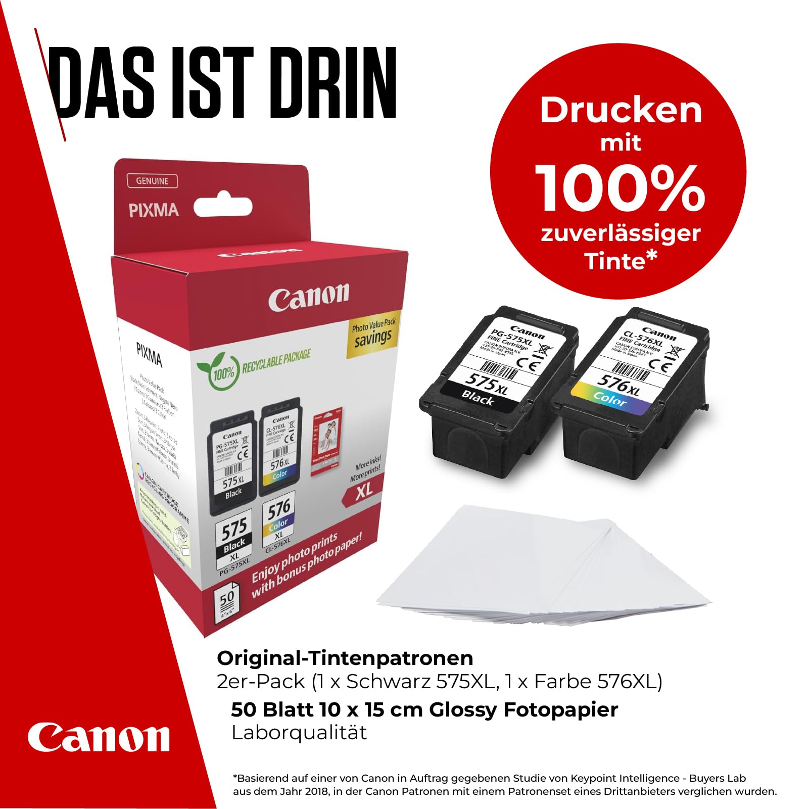 Canon Tintenpatronen & Papier-Multipack - PG-575XL/CL-576XL Original Druckerpatronen 2er Pack (1 x Schwarz, 1 x Farbe) & 4x6 Fotopapier (50 Blatt)