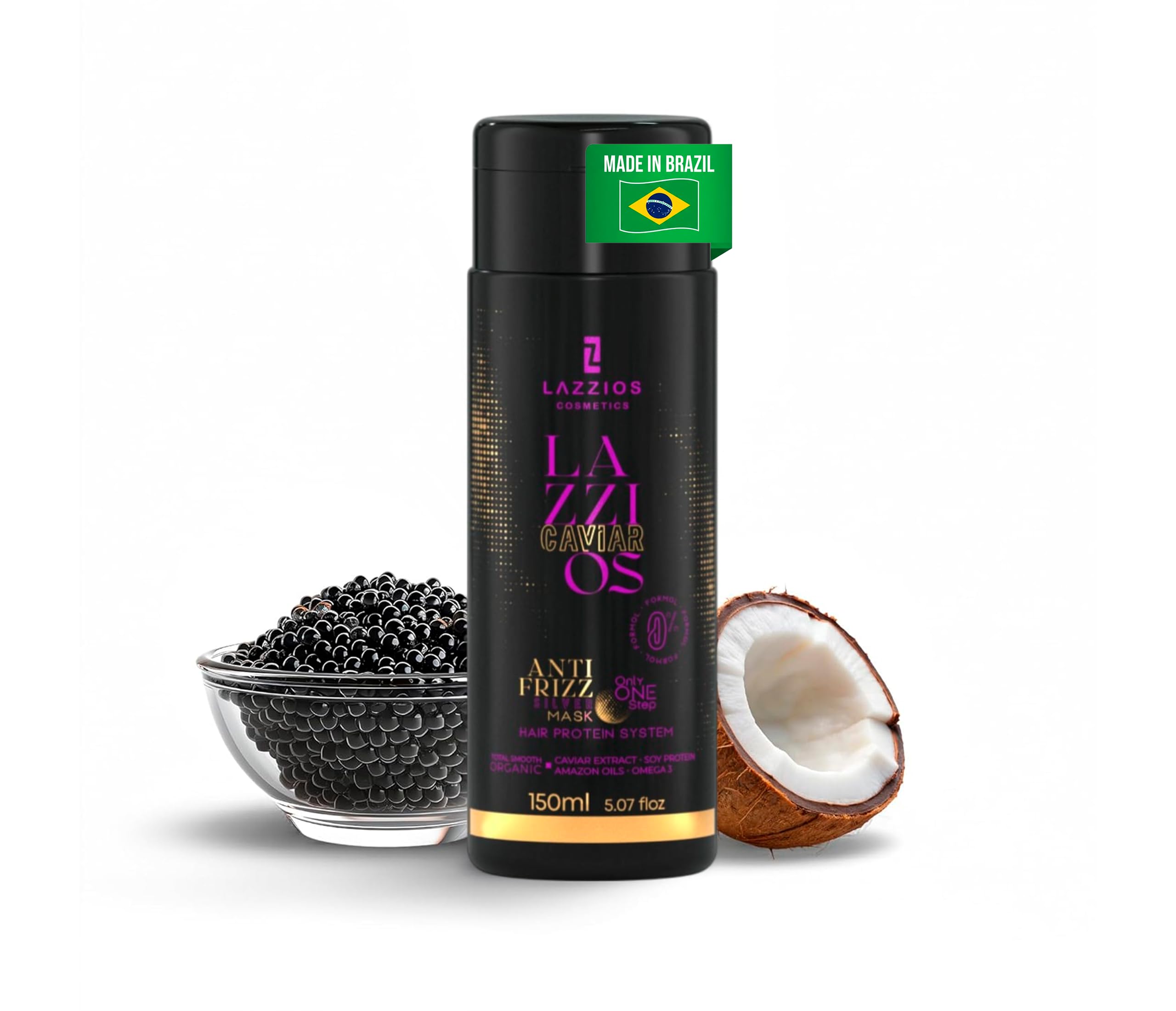 Lazzios Caviar Organic Hair Protein - Formaldehyde Free Brazilian Keratin Hair Treatment - Professional Hair Straightening - Keratina para Alisar el Pelo - Argan Oil - Non-Toxic - Anti Frizz - 150ml