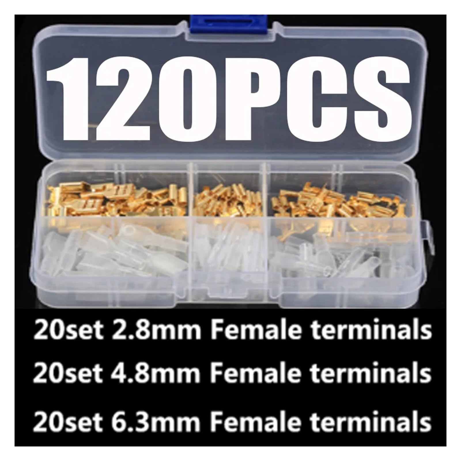 120 terminali a crimpare da 2,8/4,8/6,3 mm, terminali a forcella femmina, connettori per cavi elettrici con guarnizione isolante e guaina isolante.