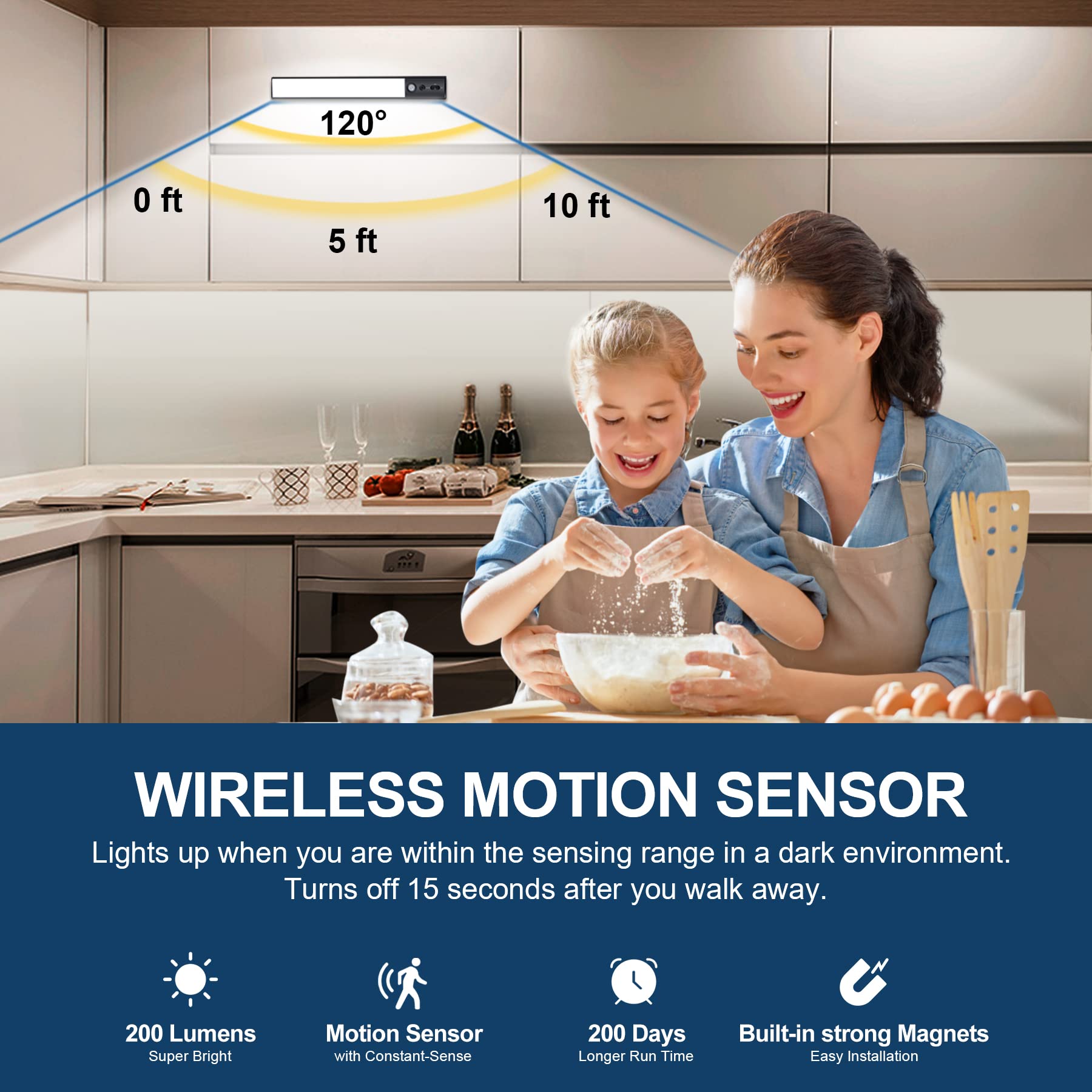 YELKO Under Cabinet Lighting 100 LED Motion Sensor Closet Lights 4200mAh Rechargeable Counter Lights Battery Operated Dimmable Portable — view 3