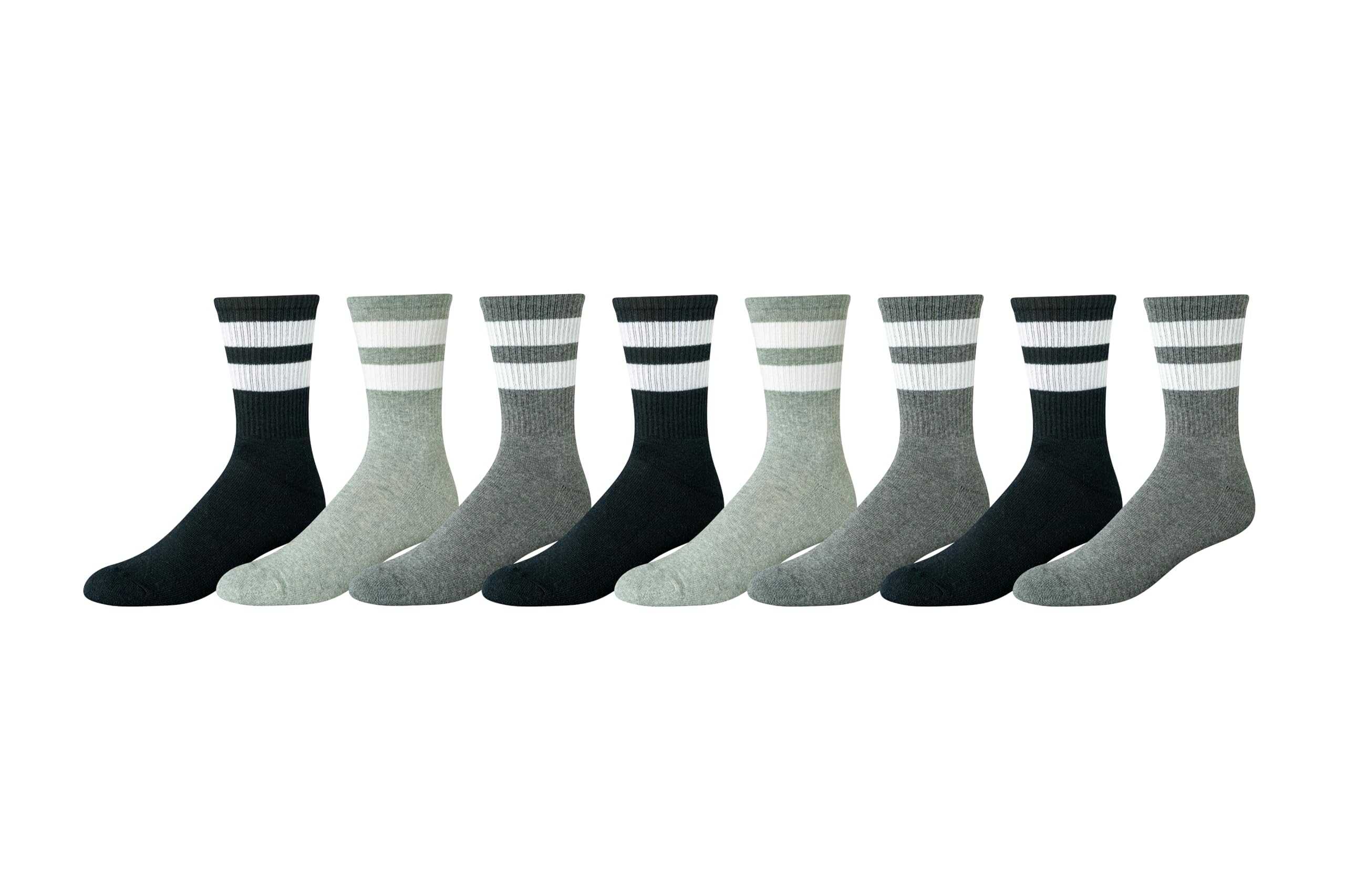 Amazon Essentials Herren Crew-Socken mit Retro-Streifen, 8 Paar, Grau/Hellgrau/Schwarz, 46-48