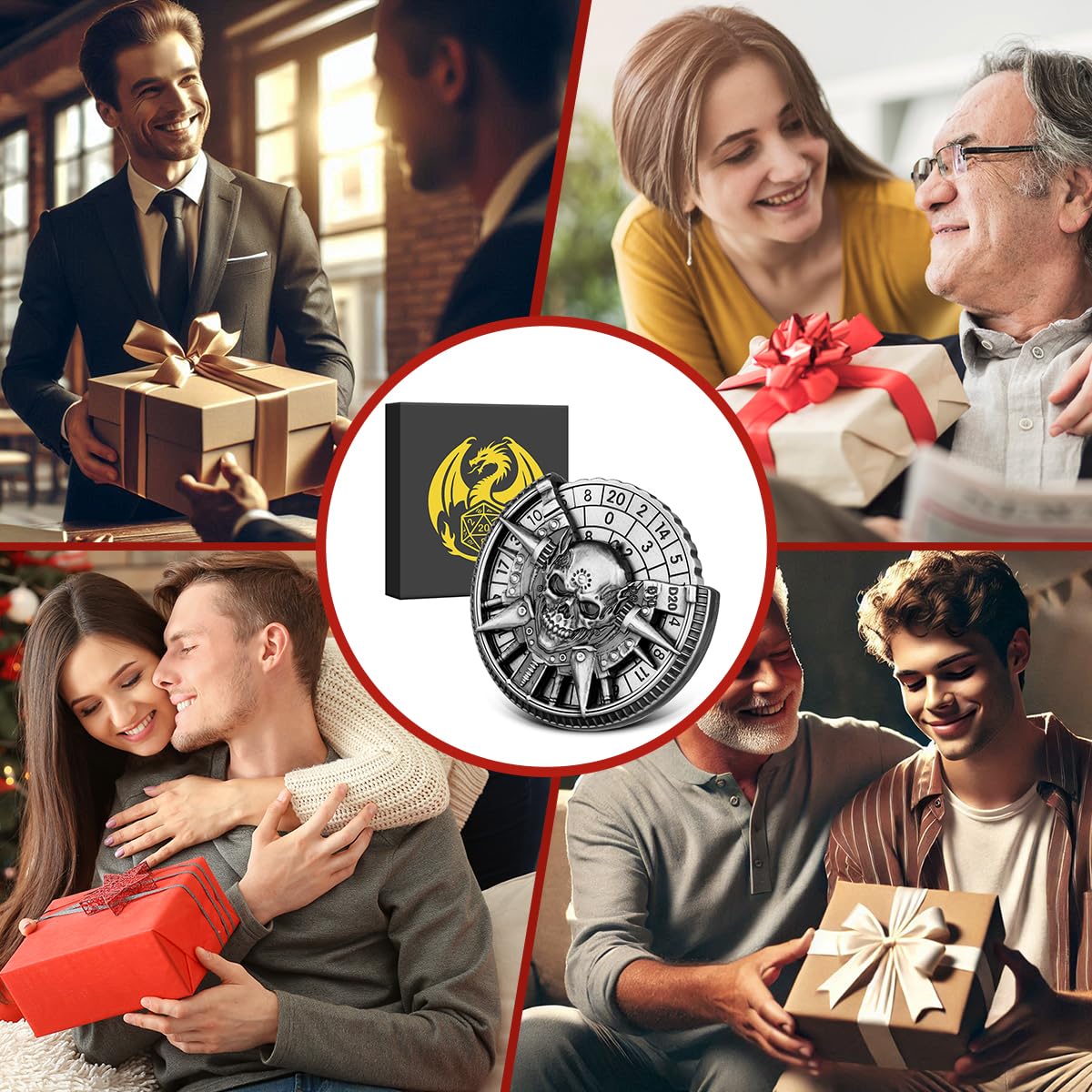 Teschio Roulette Dadi Spinner, 7-in-1 Metallico Spinner Dadi DND, Teschio Fidget Spinners, Regali di D&D con Sacchetto Regalo Logo Drago, Giochi di Ruolo, Accessori per Giochi da Tavolo, Argento Scuro