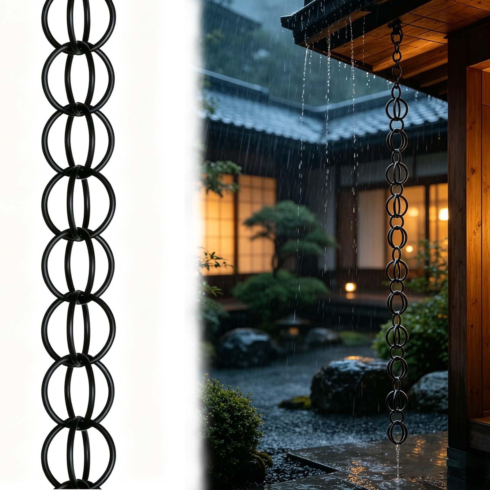 Kilvanx Rainwater Water Catcher/Diverter, Metal,Aluminum Alloy Gutter Chain Waterfall, For Decorative Outdoor Gutter Drainage System For Roof,Replace Your Downspout,Garden For Mom, Black — image 1
